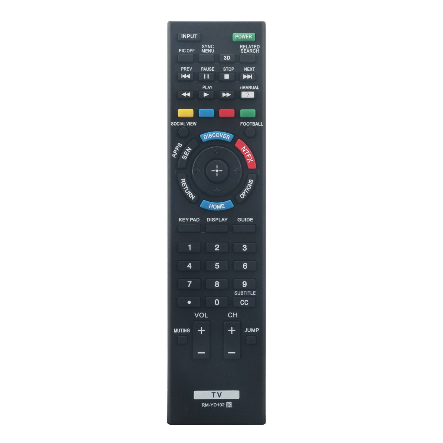 INPUT POWER PIC OFF SYNC MENU 3D RELATED SEARCH PREV |4 PAUSE I STOP NEXT PLAY I-MANUAL 2 SOCIAL VIEW FOOTBALL DISCOVER APPS SEN NTFX RETURN OPTIONS HOME KEY PAD DISPLAY GUIDE 1 2 3 4 5 6 7 . 8 0 9 SUBTITLE cC VOL CH MUTING + + JUMP -  TV RM-YD102
