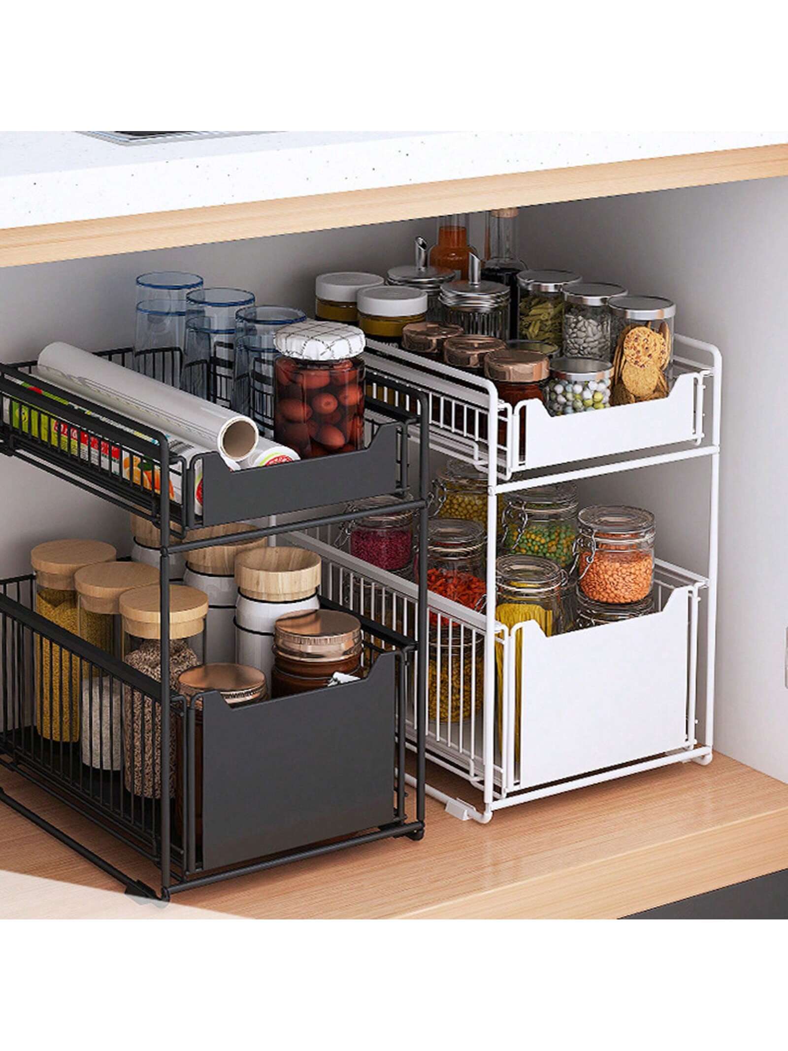 Alt View 7. GARVEE - Pull Out Cabinet Organizer Fixed with Damping Guide, Carbon Steel Heavy Duty Slide Out Pantry Shelves, White - White.