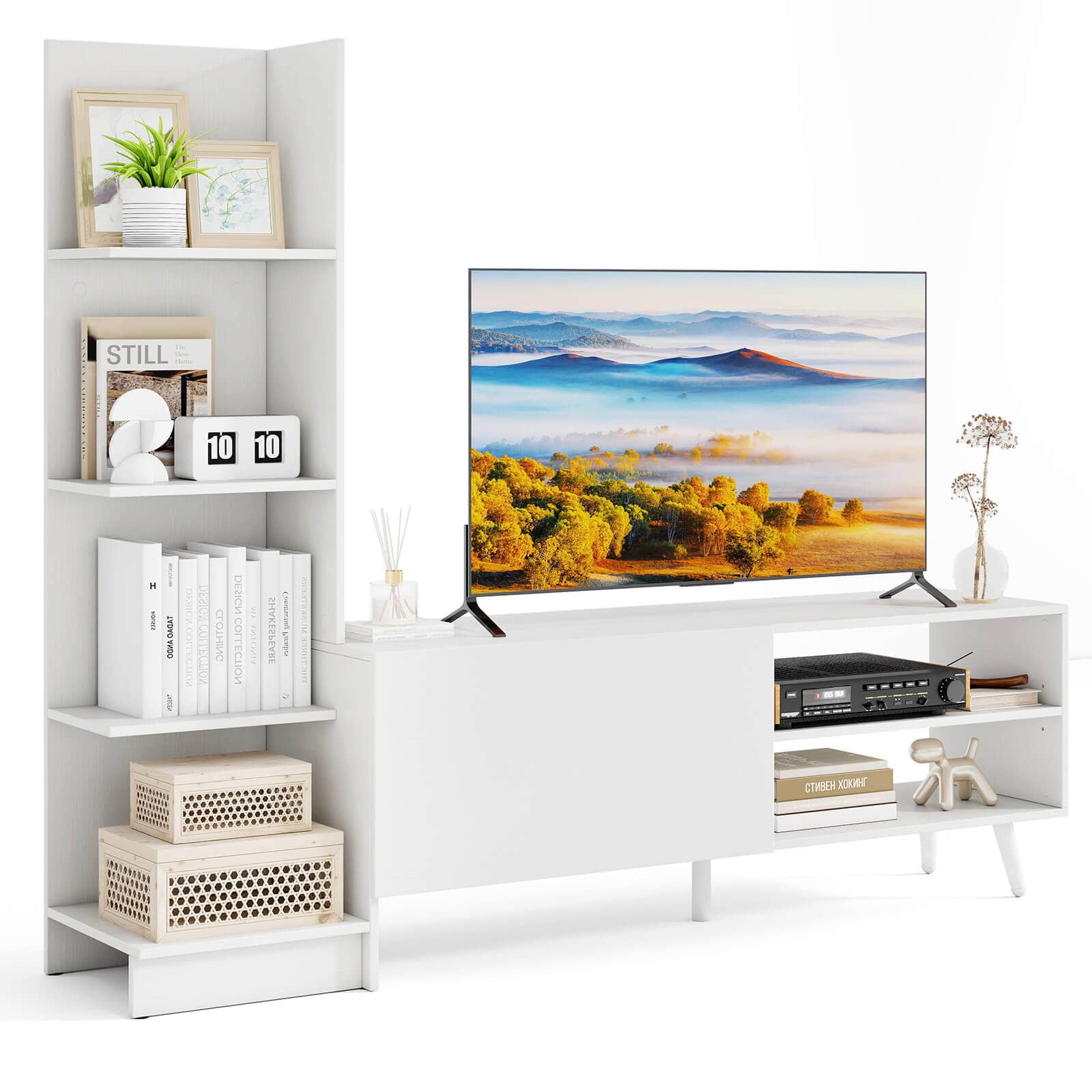 Costway - TV Stand for TVs up to 50" with Bookshelf & 3-Position Adjustable Shelf Metal Legs - White