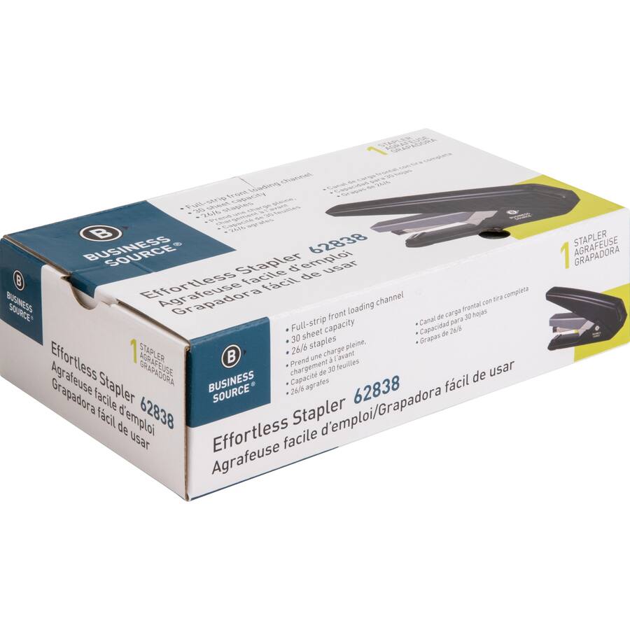 AGRAFEUSE STAPLER 1

BUSINESS SOURCE®

Effortless Stapler 62838
Agrafeuse facile d'emploi
Grapadora fácil de usar

Full-strip loading channel
30 sheet capacity
26/6 staples

Canal de carga frontal con tira completa
Capacidad de 30 hojas
Grapas de 26/6

Effortless Stapler 62838
Agrafeuse facile d'emploi
Grapadora fácil de usar
