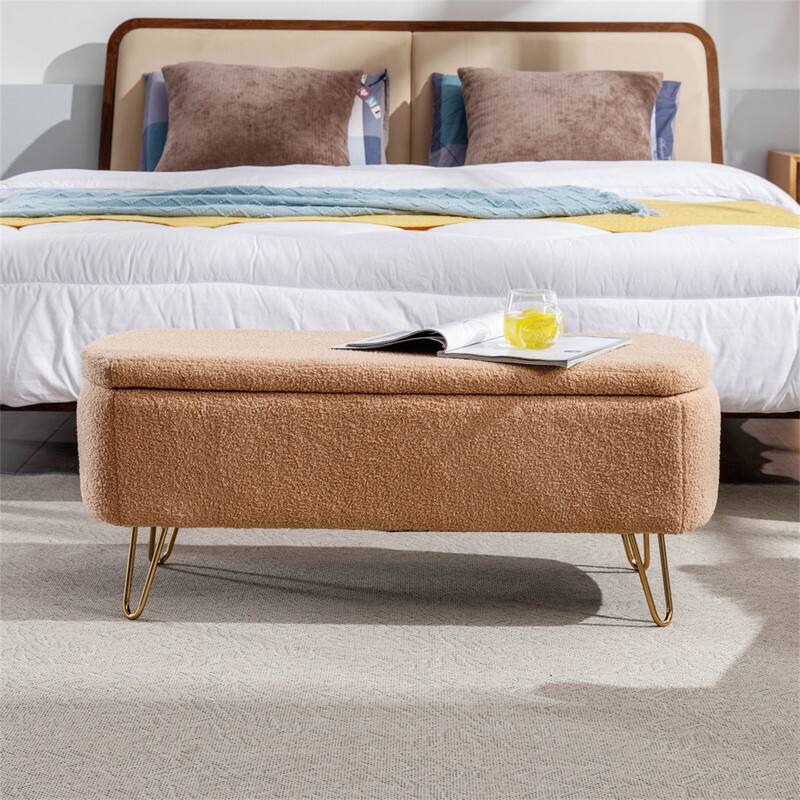 Alt View 1. HTUTWOO - Storage Ottoman Bench for Bedroom - Faux Fur Upholstered Bench with Gold Legs, Padded Storage Bench for Living Room - Camel.