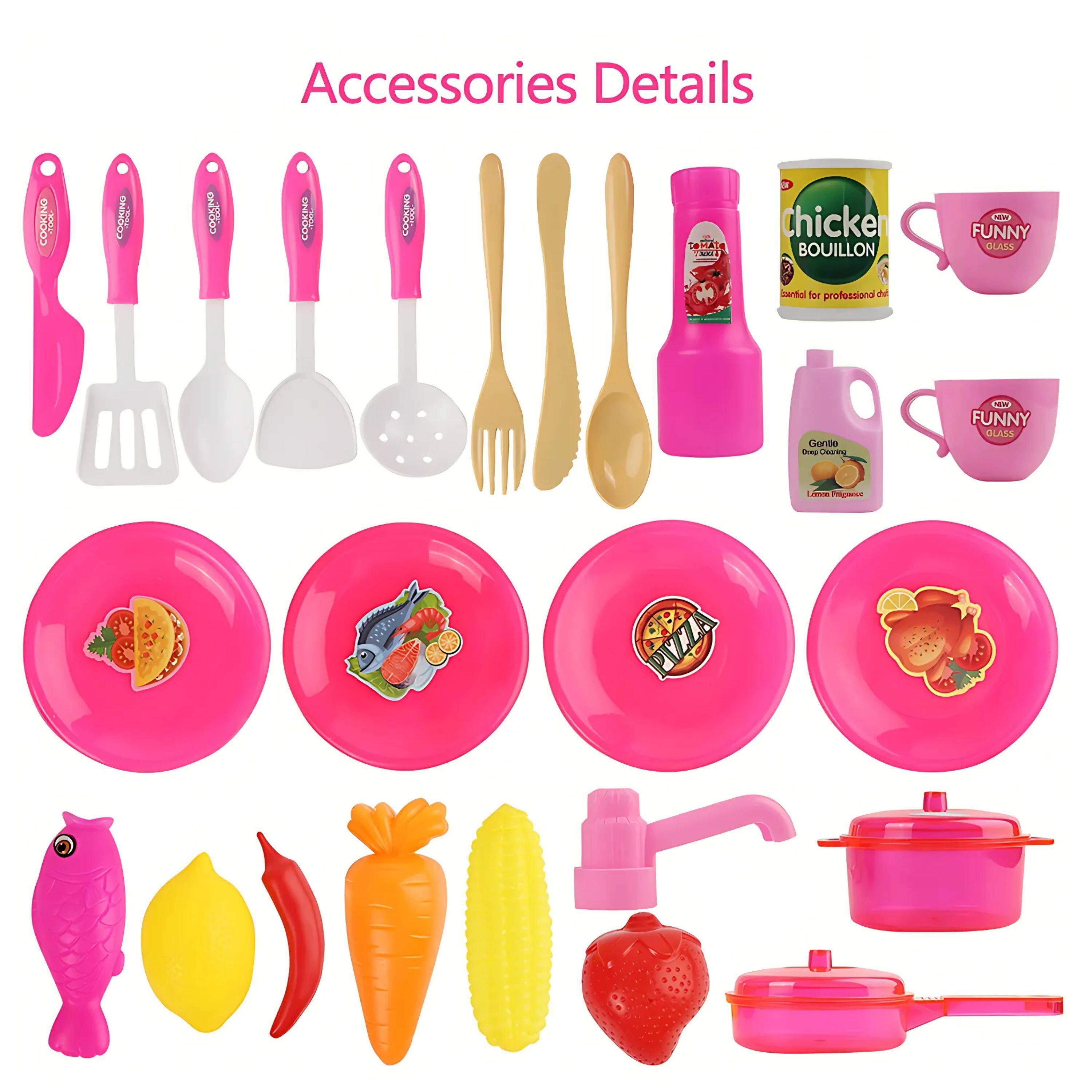 Accessories Details

- Chicken Bouillon
- Funny Glass
- Gentle Drop Cleanser
- Cooking Utensils (spatula, spoon, ladle, fork, knife)
- Plates with food designs (pizza, fish, lemon, strawberry)
- Play food items (fish, lemon, chili, carrot, corn, strawberry)
- Pink faucet
- Pink pot with lid