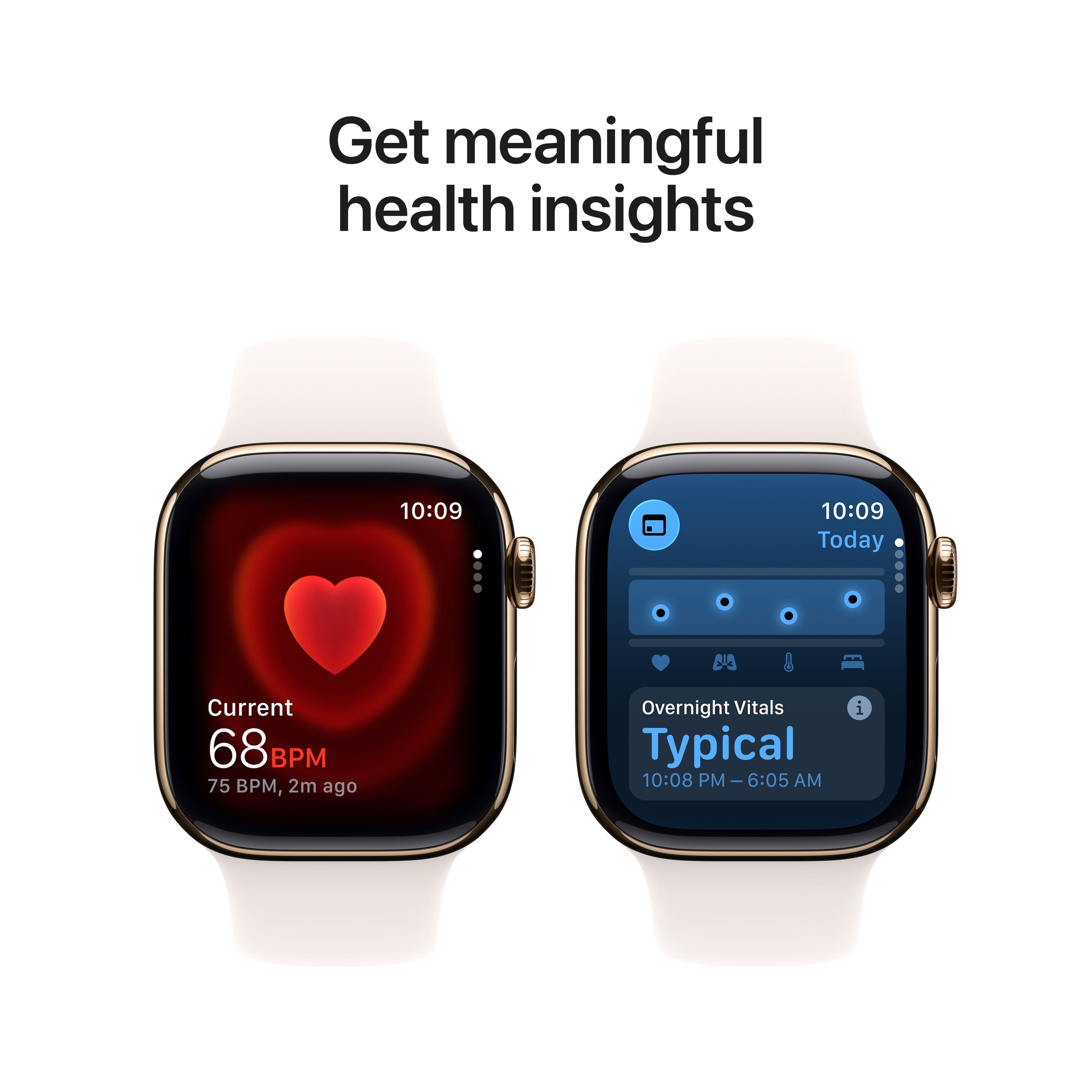 Get meaningful health insights
Current
68 BPM
75 BPM, 2m ago
Overnight Vitals
Typical
10:08 PM - 6:05 AM