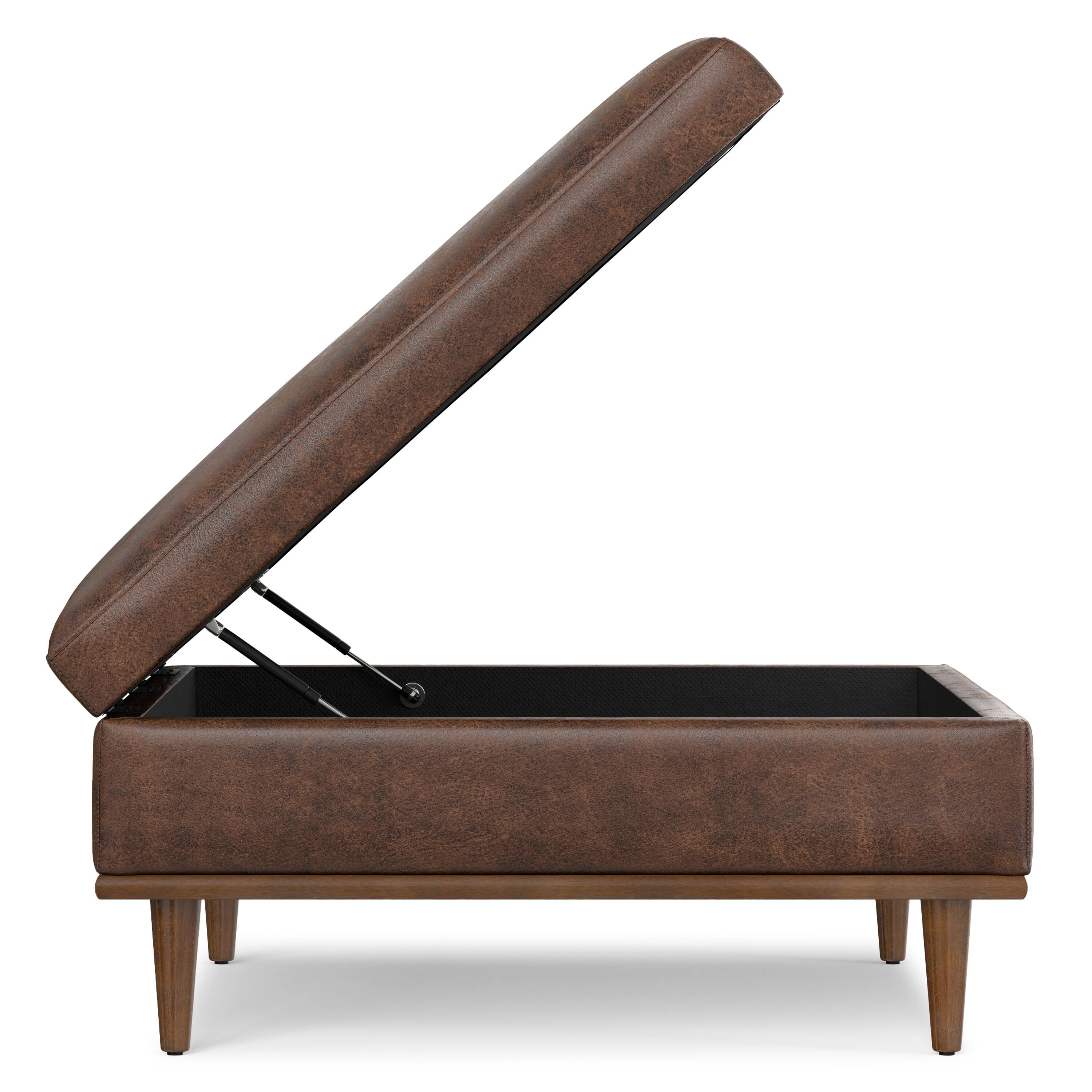 Alt View 2. Simpli Home - Shiloh 38 inch Transitional Contemporary Storage Ottoman in Distressed Chestnut Brown Vegan Faux Leather, Assembled - Distressed Chestnut Brown.