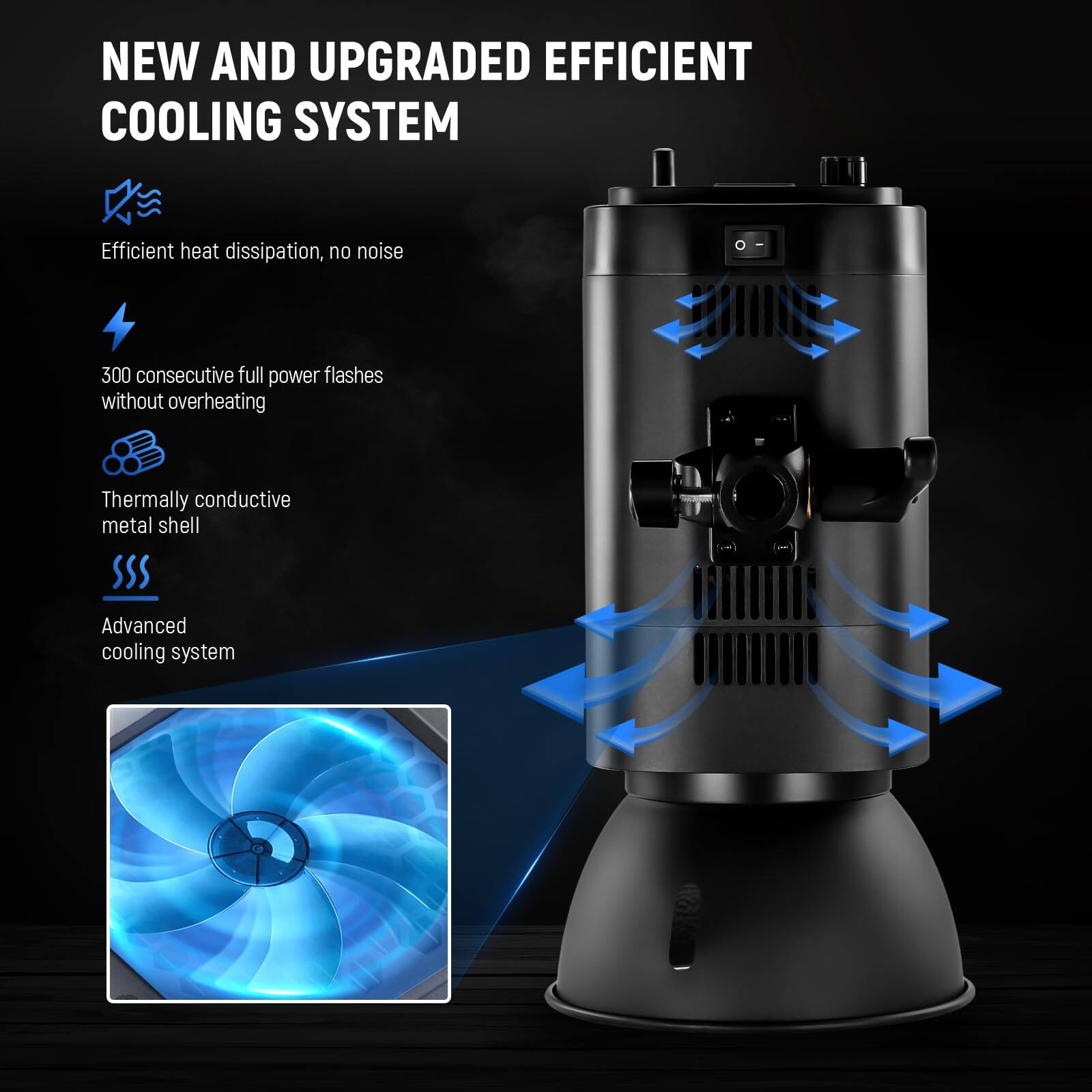 NEW AND UPGRADED EFFICIENT COOLING SYSTEM

- Efficient heat dissipation, no noise
- 300 consecutive full power flashes without overheating
- Thermally conductive metal shell
- Advanced cooling system
