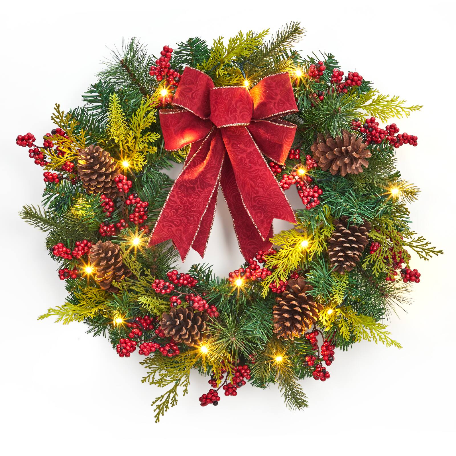 Front. Acekool - 24 Inch Lighted Christmas Wreath with Pine Cones Berries 20 LED Lights for Front Door Red Green - Red Green.