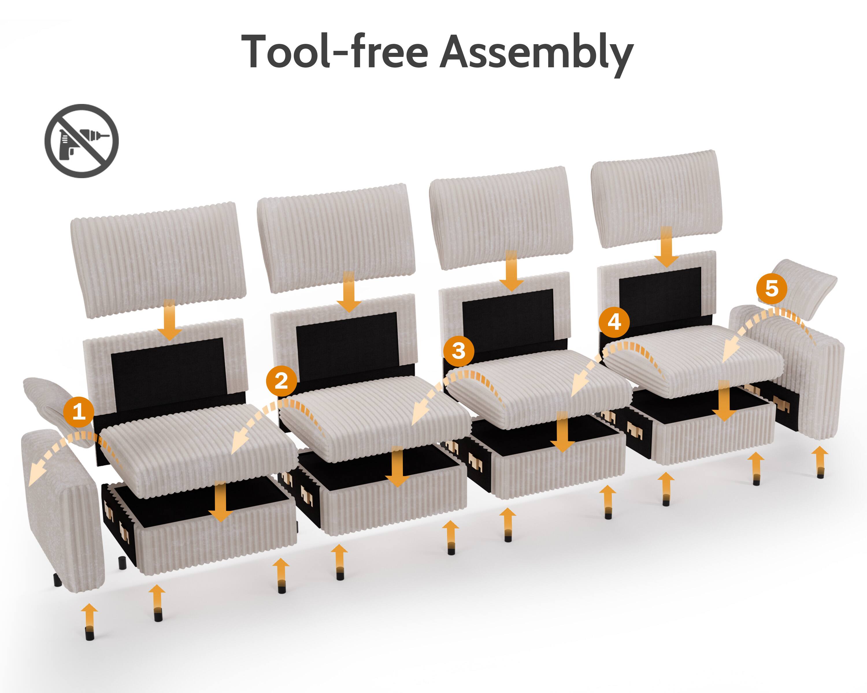 Tool-free Assembly

1. Place the base.
2. Attach the seat cushion.
3. Attach the backrest.
4. Attach the headrest.
5. Attach the armrests.