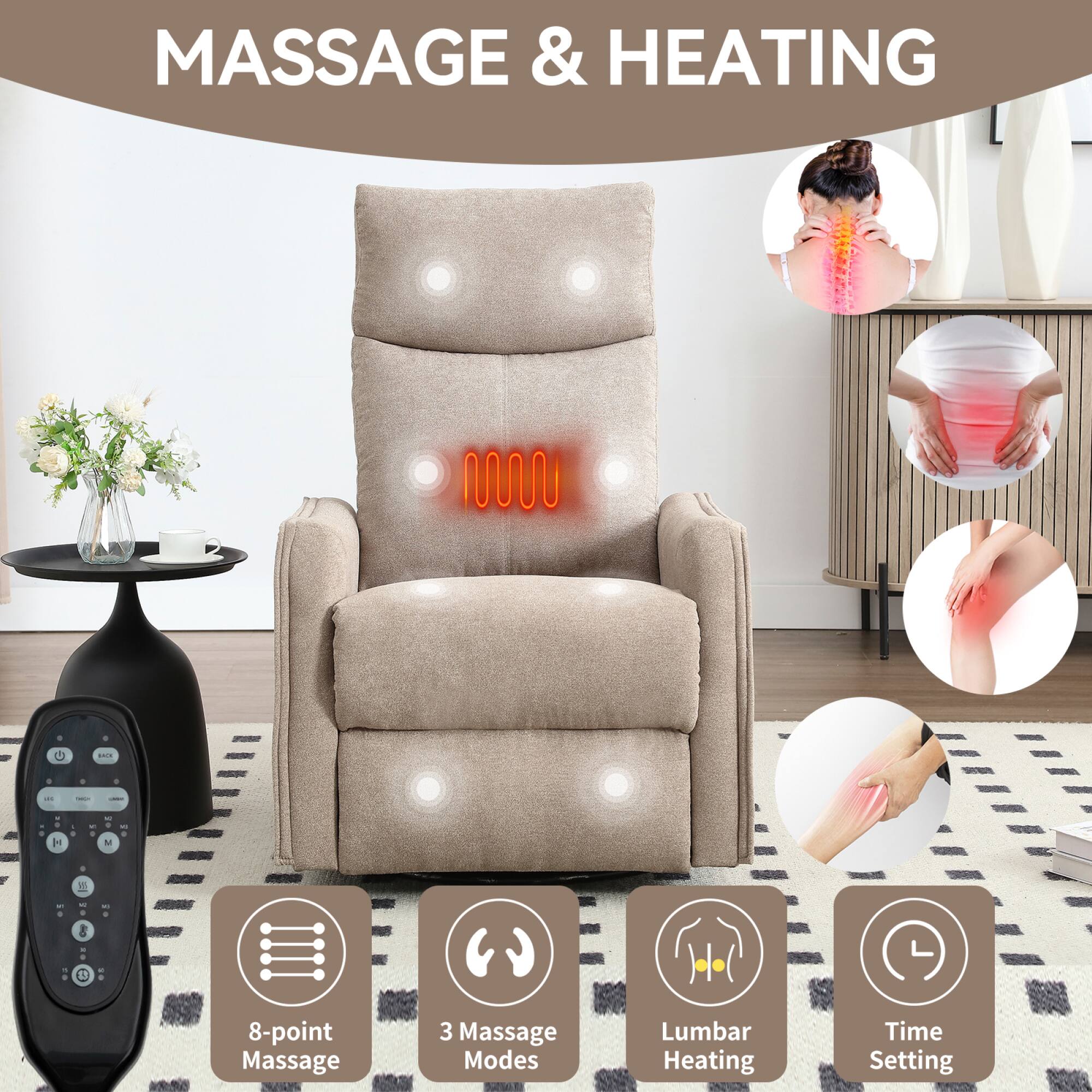 MASSAGE & HEATING

- 8-point Massage
- 3 Massage Modes
- Lumbar Heating
- Time Setting