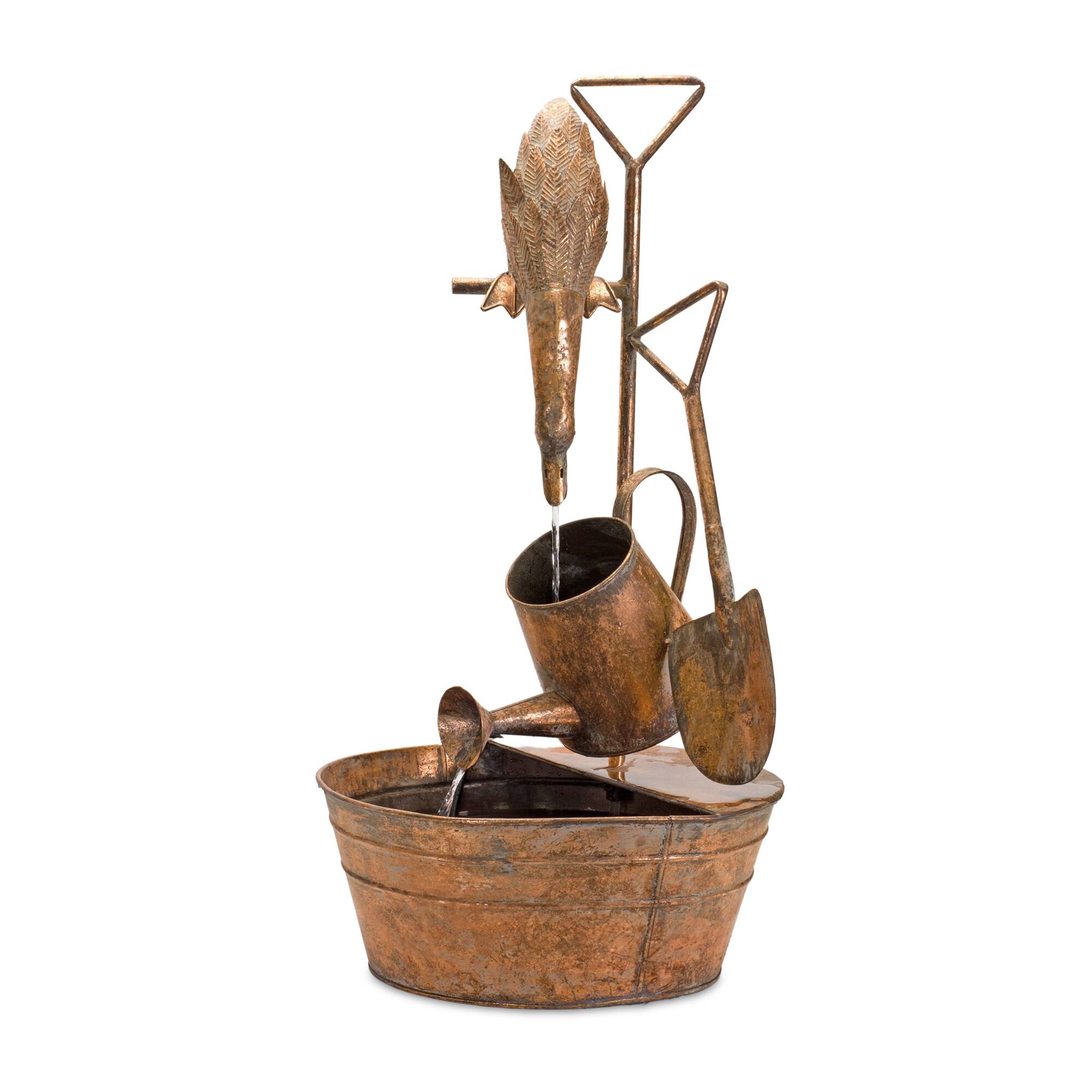 Front. BreeBe - Rustic Metal Fountain with Duck and Watering Can 33"H - Copper.