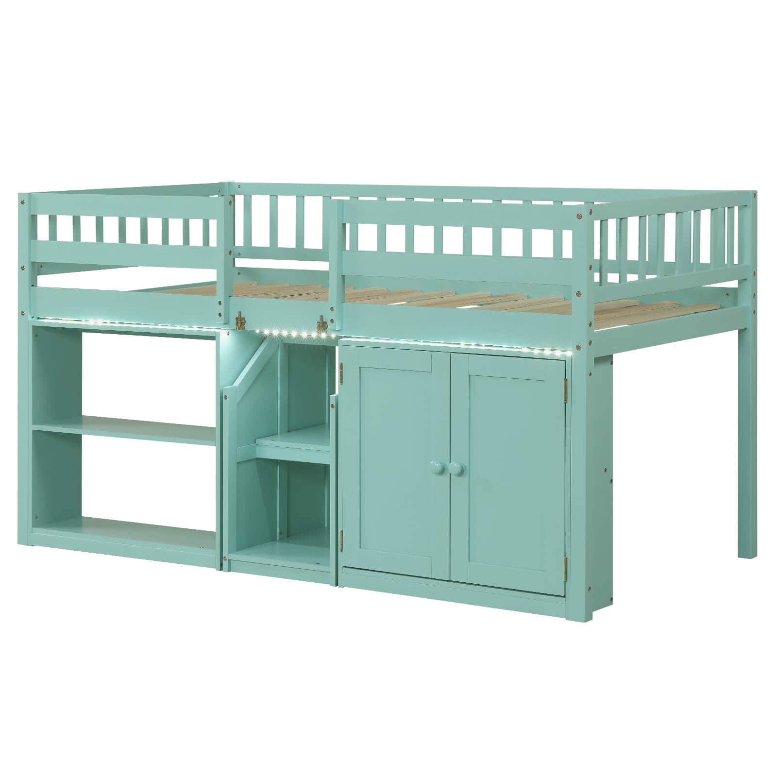 Costway - Low Loft Bed with LED Light, Stairs & Guardrails, Modern Wood Kids Twin Bed - Mint Green