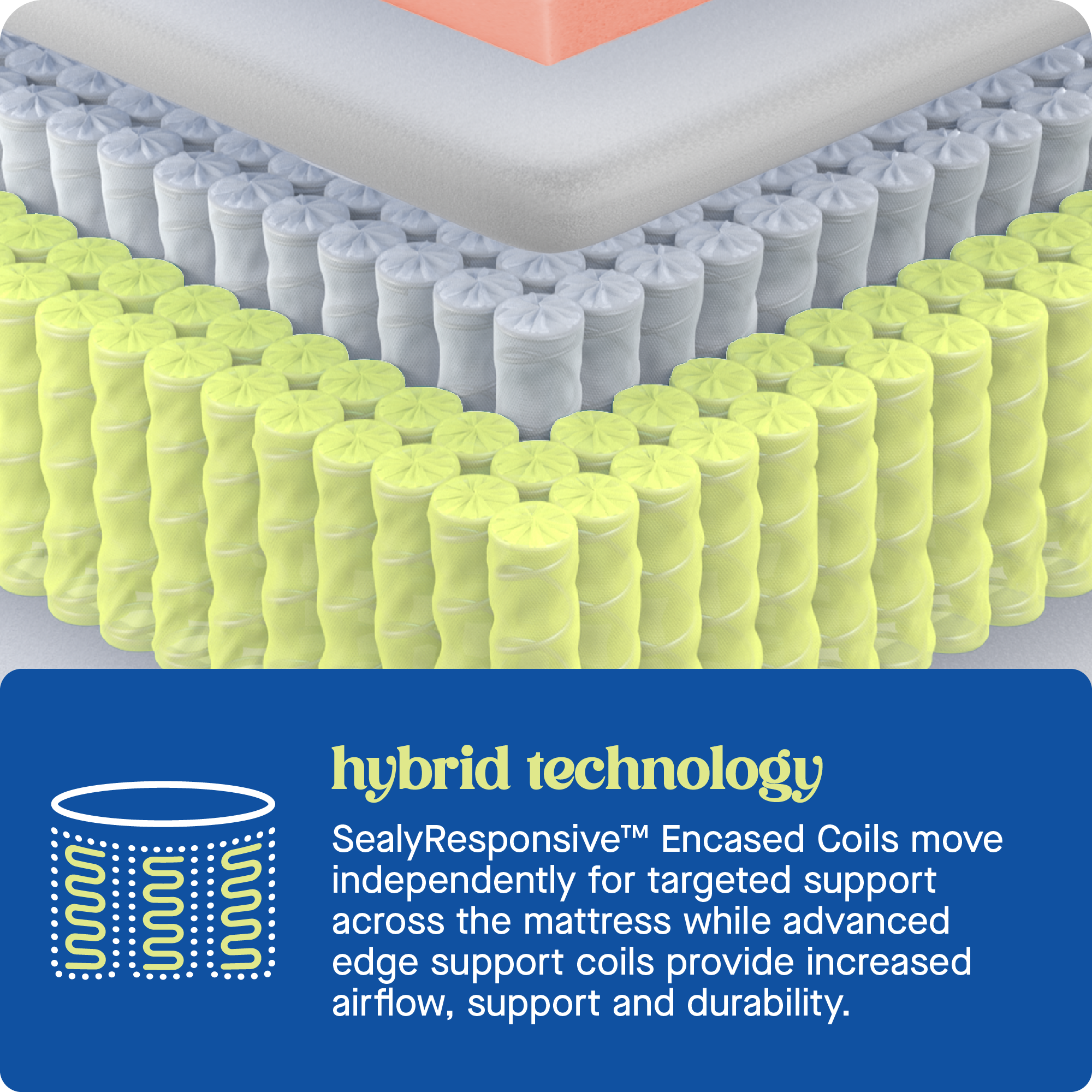 Hybrid Technology: SealyResponsiveTM Encased Coils move independently for targeted support across the mattress, while advanced edge support coils provide increased airflow, support, and durability.