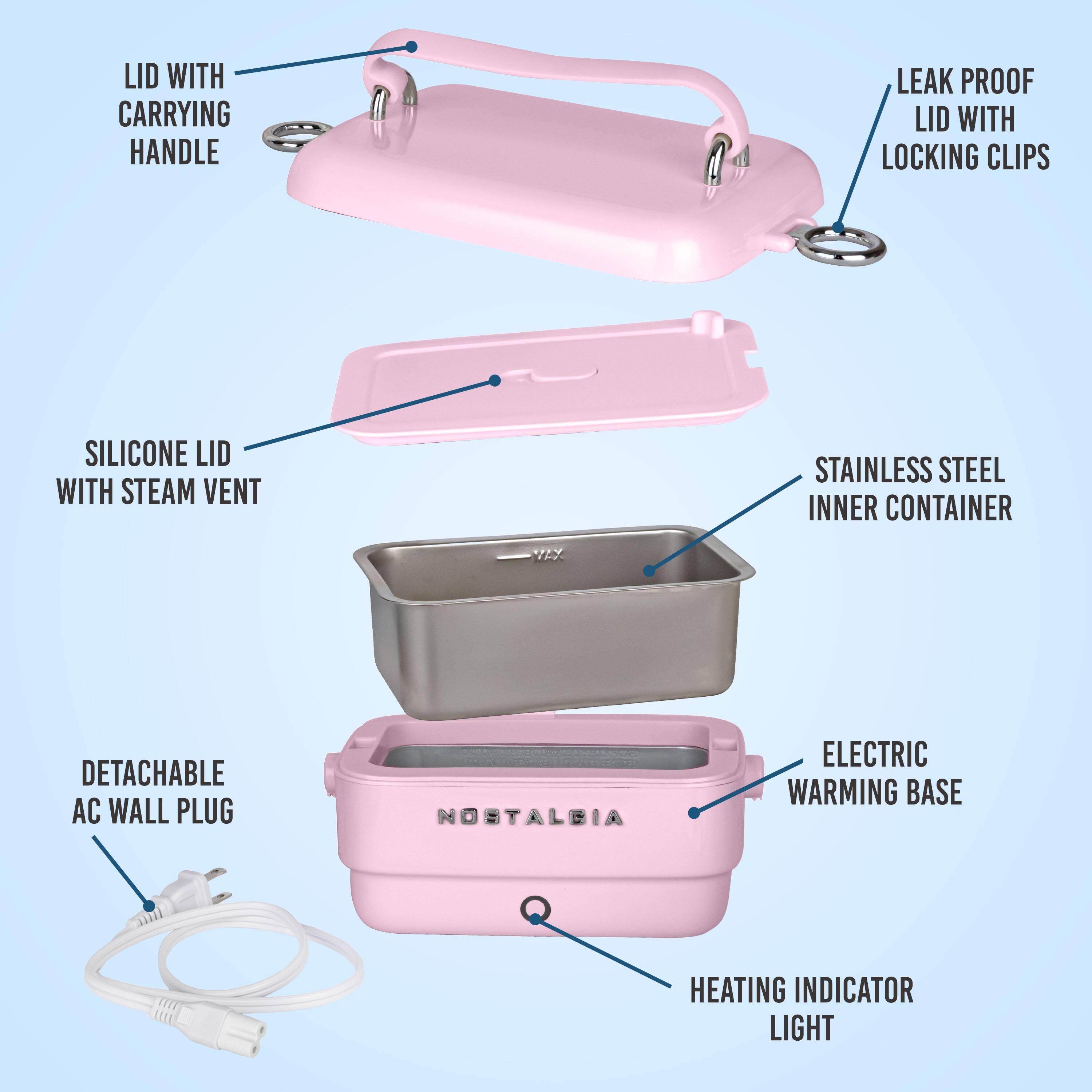 LID WITH CARRYING HANDLE  
LEAK PROOF LID WITH LOCKING CLIPS  
SILICONE LID WITH STEAM VENT  
STAINLESS STEEL INNER CONTAINER  
DETACHABLE AC WALL PLUG  
ELECTRIC WARMING BASE  
HEATING INDICATOR LIGHT