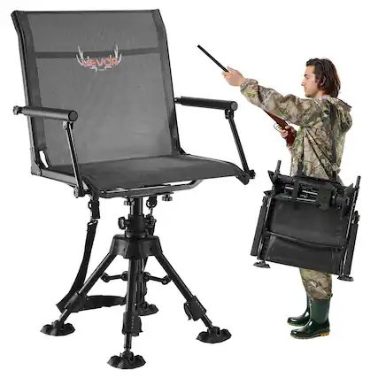 Front. VEVOR - Hunting Chair, 360° Silent Swivel, Foldable Portable Blind Chair, Heavy-Duty Steel Frame Ground Stool Seat,with Armrests - Black.