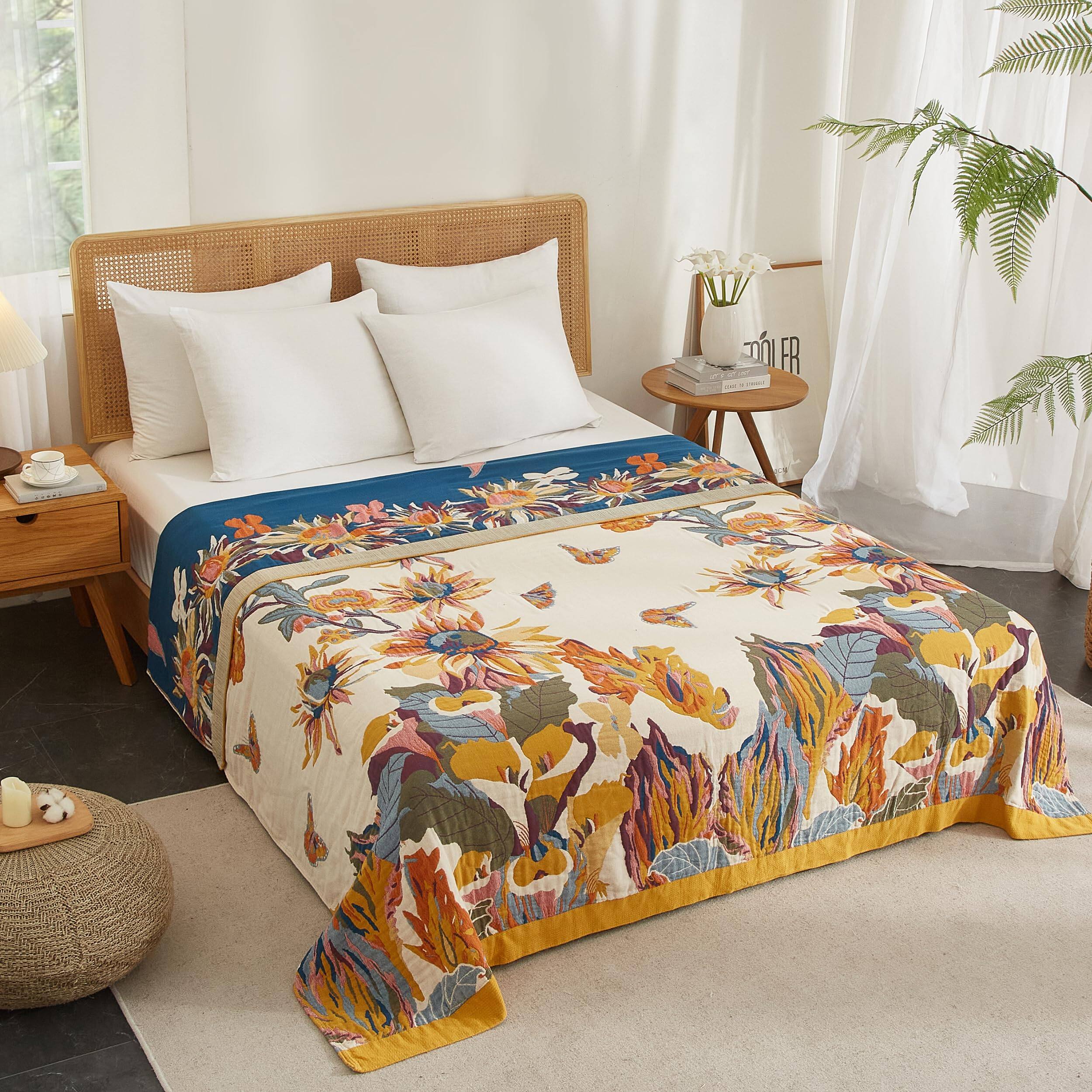 Alt View 5. Dapper Styles - Boho Throw Blanket For Bed 60 x80 Cotton Woven Couch Sofa Ultra Soft 4 layer Muslin Quilt With Floral Printed - I - Boho Floral-60“ x 80”.