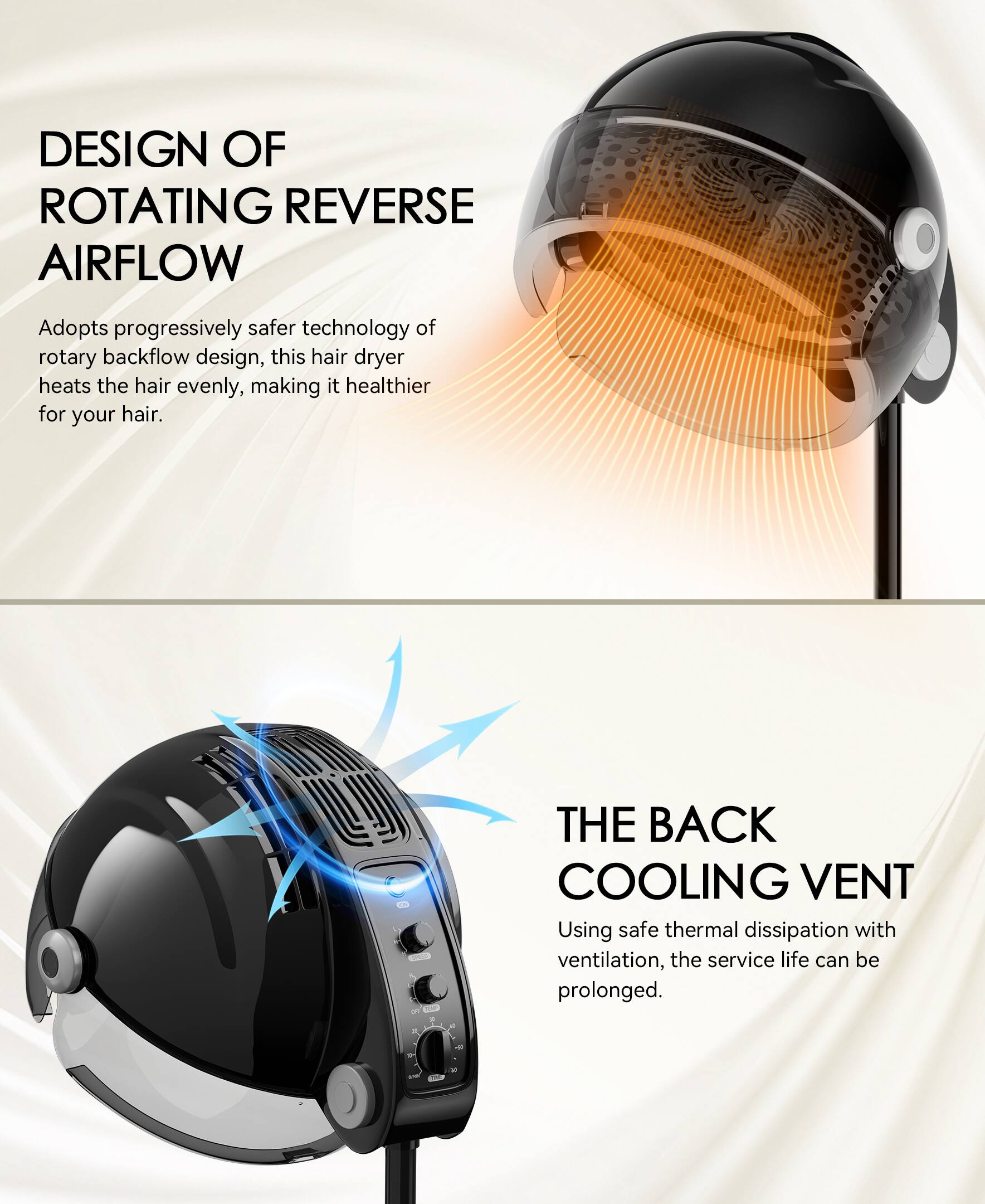 **DESIGN OF ROTATING REVERSE AIRFLOW**  
Adopts progressively safer technology of rotary backflow design, this hair dryer heats the hair evenly, making it healthier for your hair.

**THE BACK COOLING VENT**  
Using safe thermal dissipation with ventilation, the service life can be prolonged.