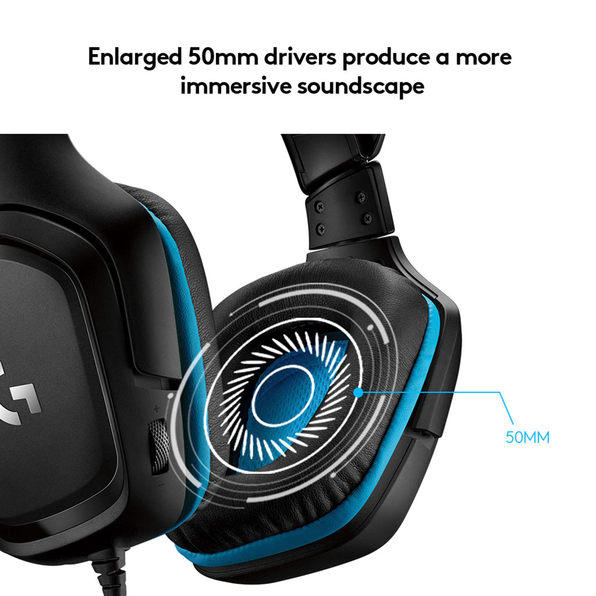 Enlarged 50mm drivers produce a more immersive soundscape.