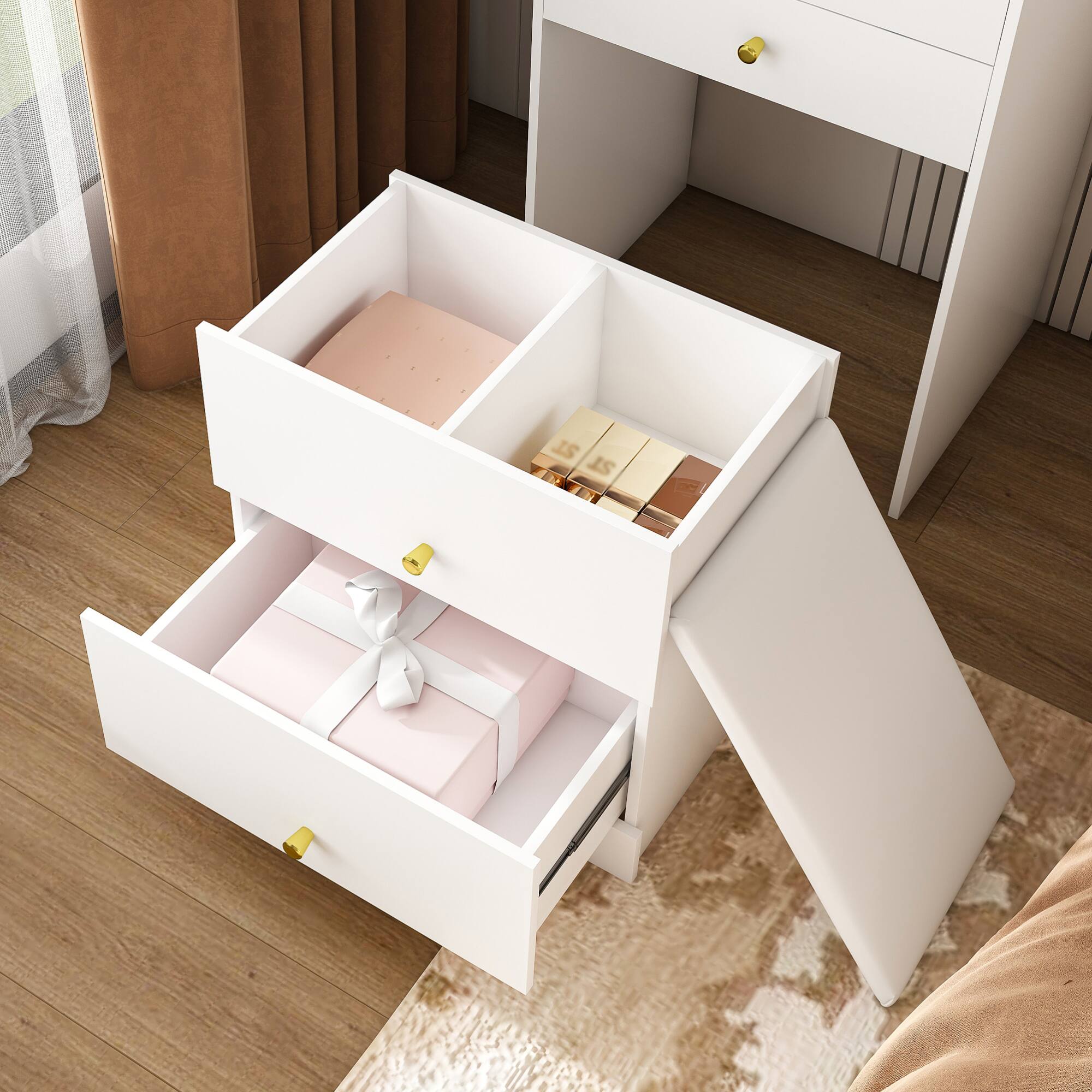 Alt View 1. GOODSILO - Compact Multi-Functional Dressing Table with LED Mirror and Hidden Storage Stool for Bedroom Organization - White.