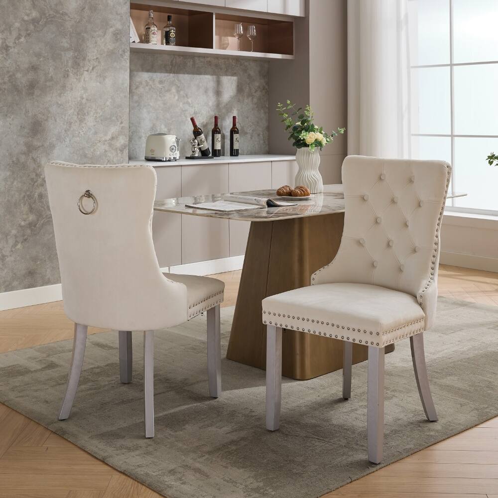 Alt View 10. Loheer - Loheer Velvet Dining Chairs Set of 2 Tufted Solid Wood Mid-Century Modern Upholstered Milky White - Milky White.