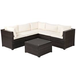 Pefilos - 6 Pieces Patio Furniture Sofa Set with Cushions for Outdoor-Beige, Wicker Furniture Conversation Sets, Coffee Table - White