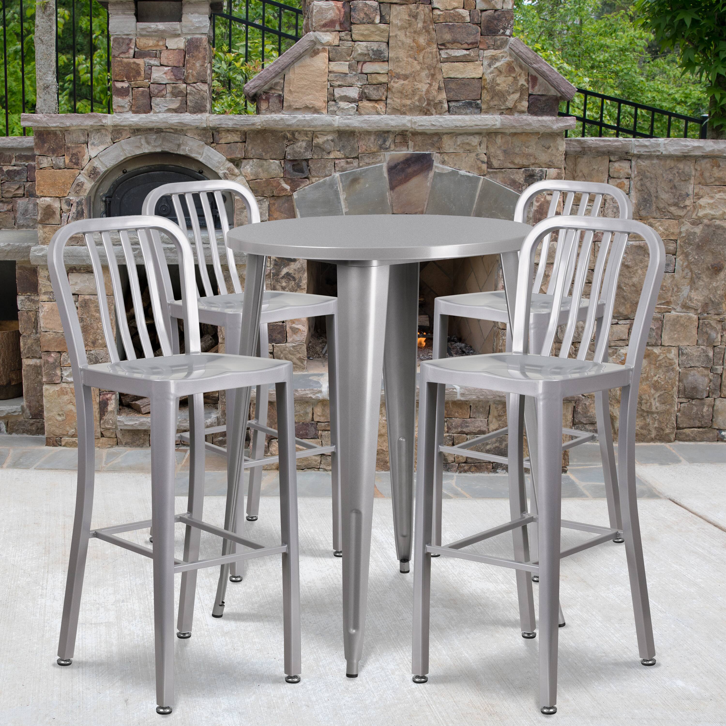 Alt View 1. Emma + Oliver - Commercial 30" Round Metal Indoor-Outdoor Bar Table Set & 4 Slat Back Stools - Silver.