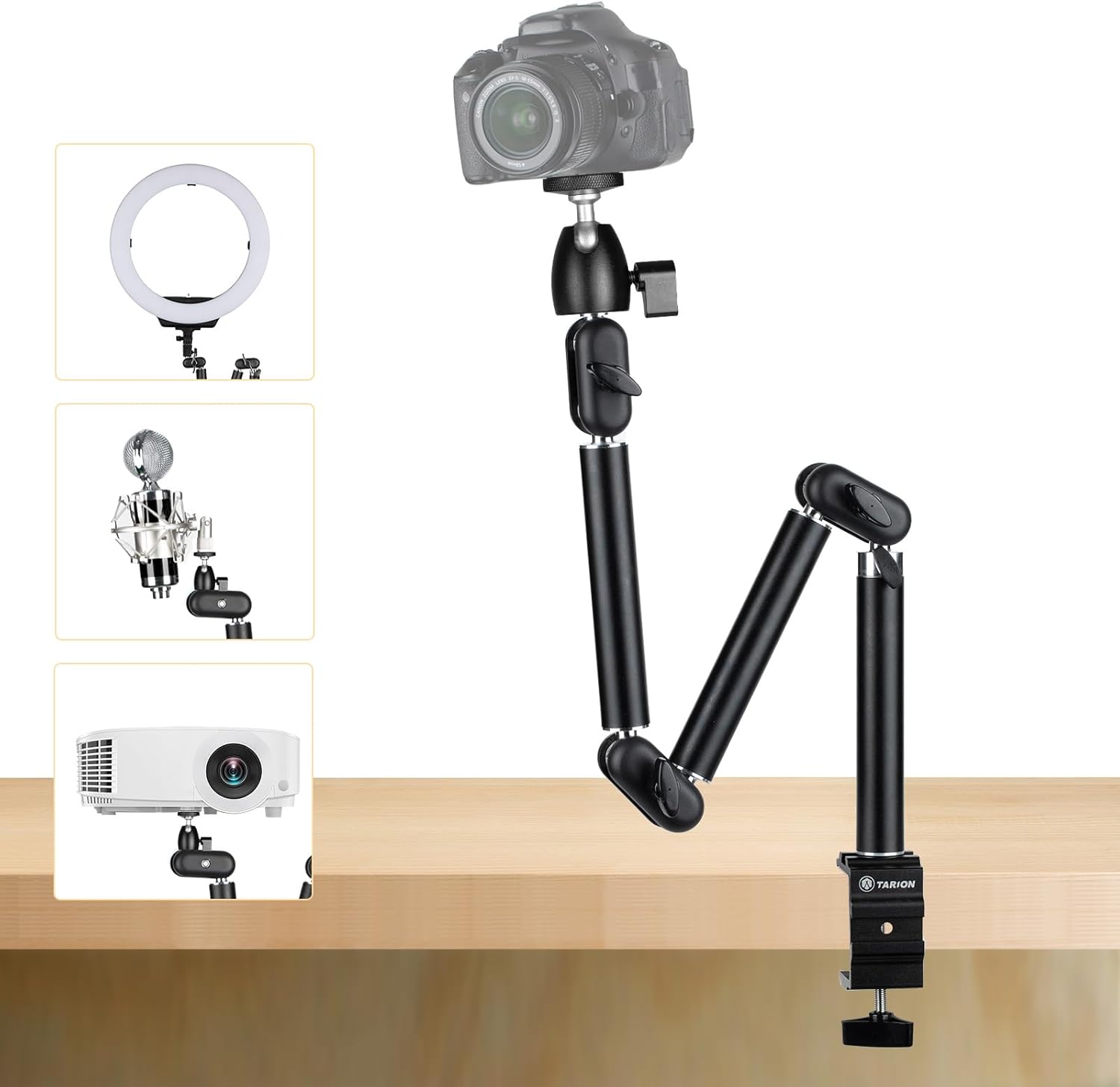 Front. TARION - TARION Top Tripod Desk Mount – 360° Flexible Articulating Arm with 3/8" Screw and 1/4" Adapter TKA01-M.