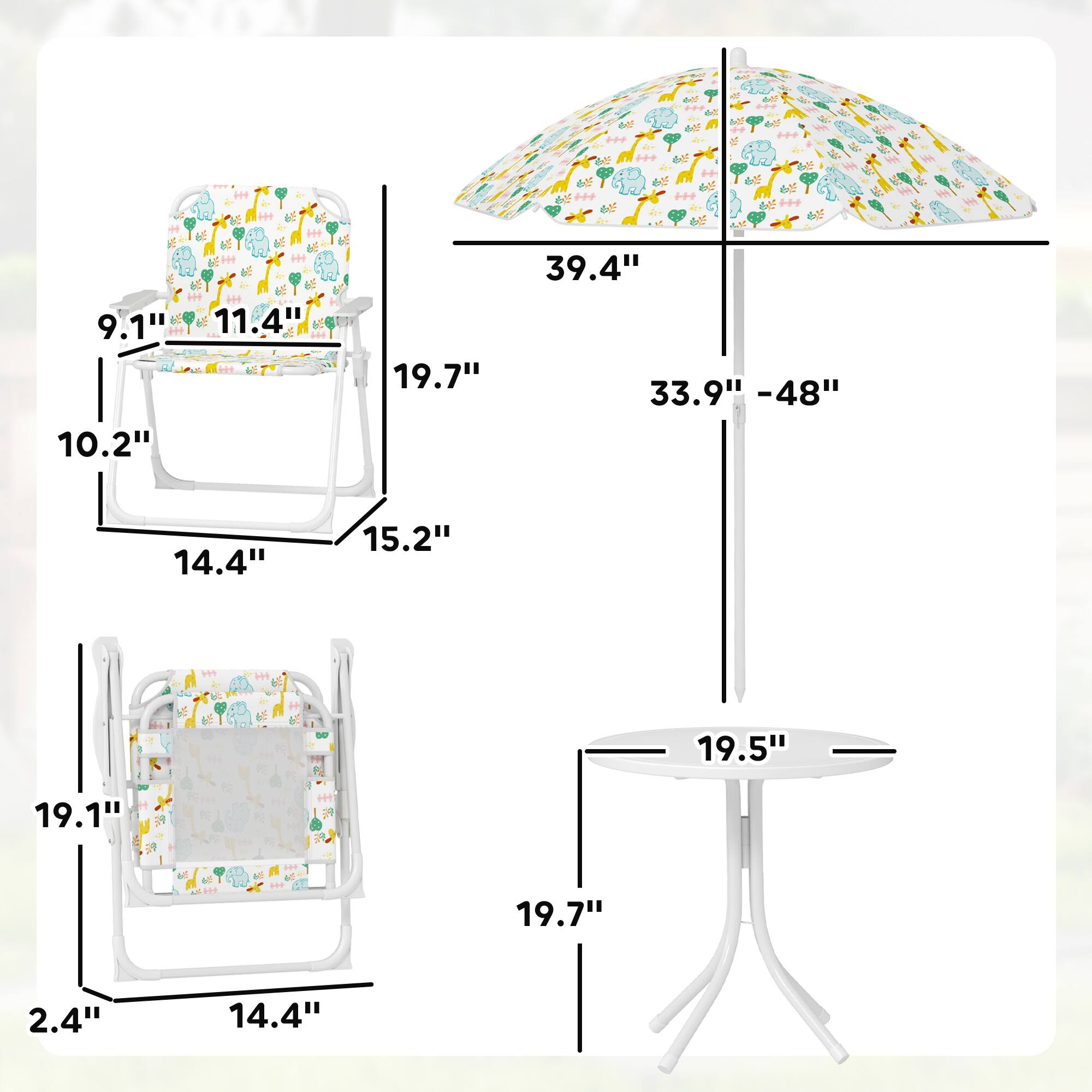 - Seat height: 10.2"
- Seat width: 11.4"
- Seat depth: 19.7"
- Backrest height: 14.4"
- Backrest width: 15.2"
- Table height: 19.5"
- Table width: 19.7"
- Umbrella height: 33.9" - 48"
- Umbrella width: 39.4"
- Tray height: 2.4"
- Tray width: 14.4"
- Tray depth: 19.1"