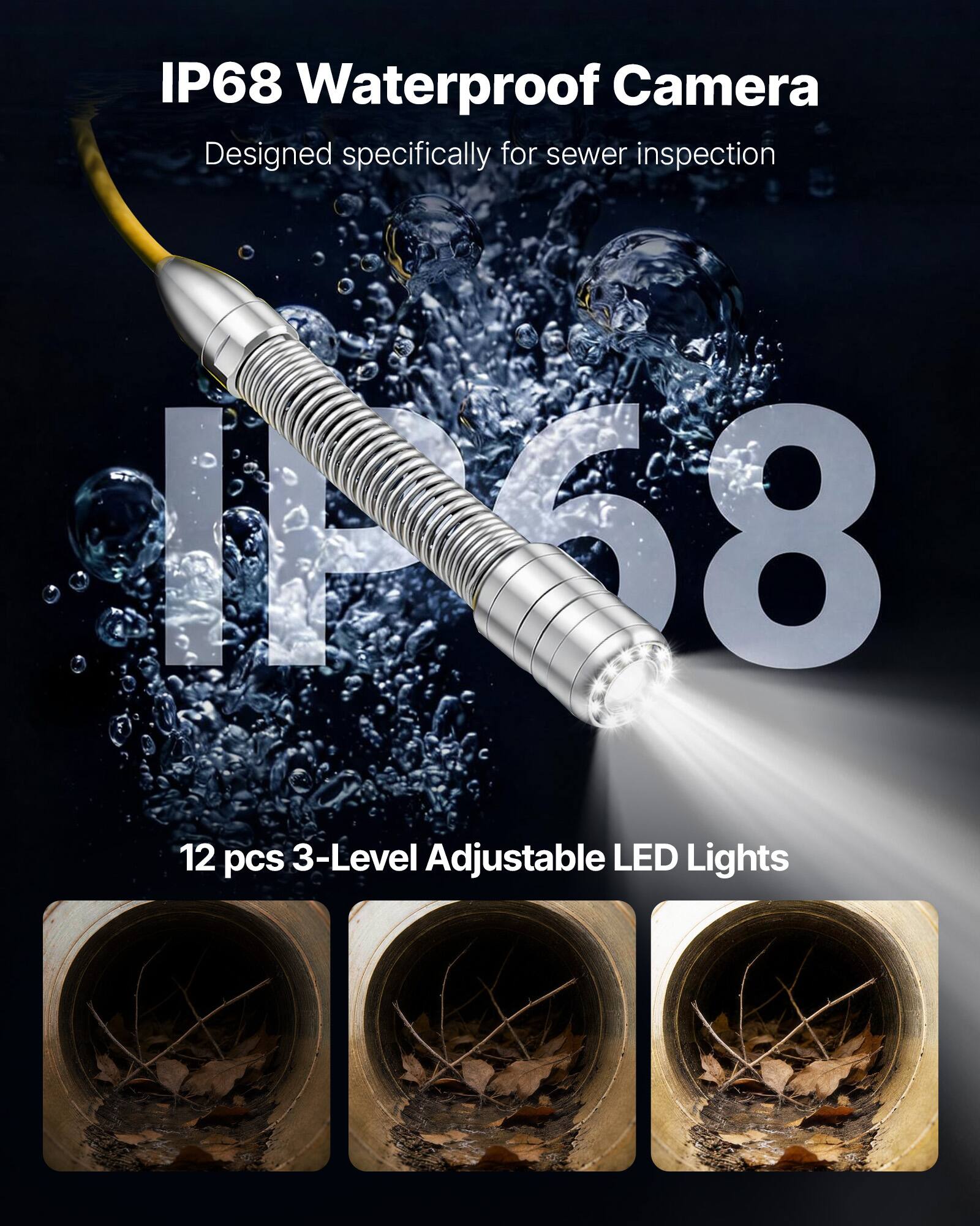 IP68 Waterproof Camera  
Designed specifically for sewer inspection  

12 pcs 3-Level Adjustable LED Lights
