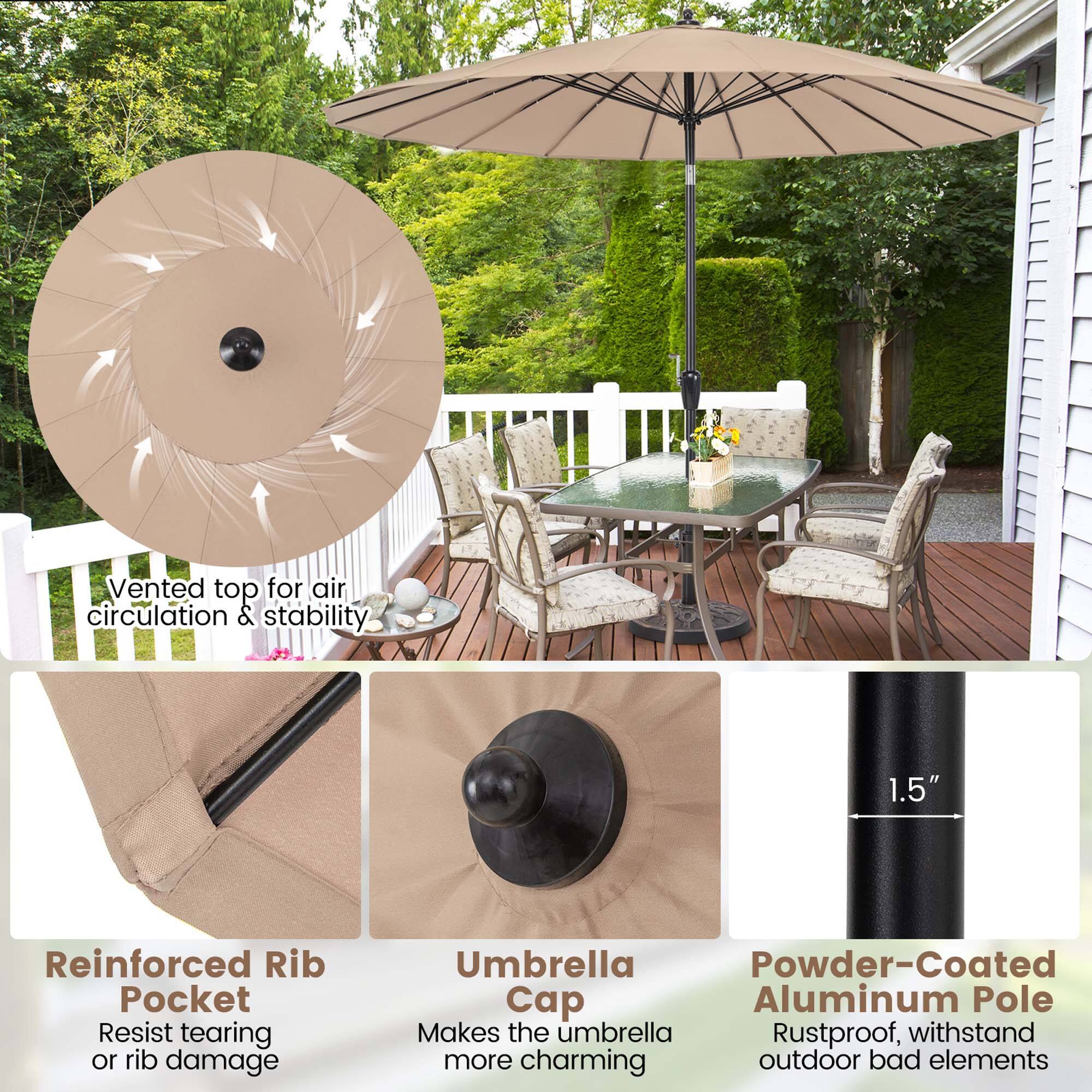The image features a large umbrella that is displayed in a yard. The umbrella is made of a powder-coated cap and has a pole that is resistant to rust. The umbrella is also reinforced with a rib pocket to ensure stability and air circulation. The umbrella is designed to resist tearing and rib damage, making it more charming and durable for outdoor use.
