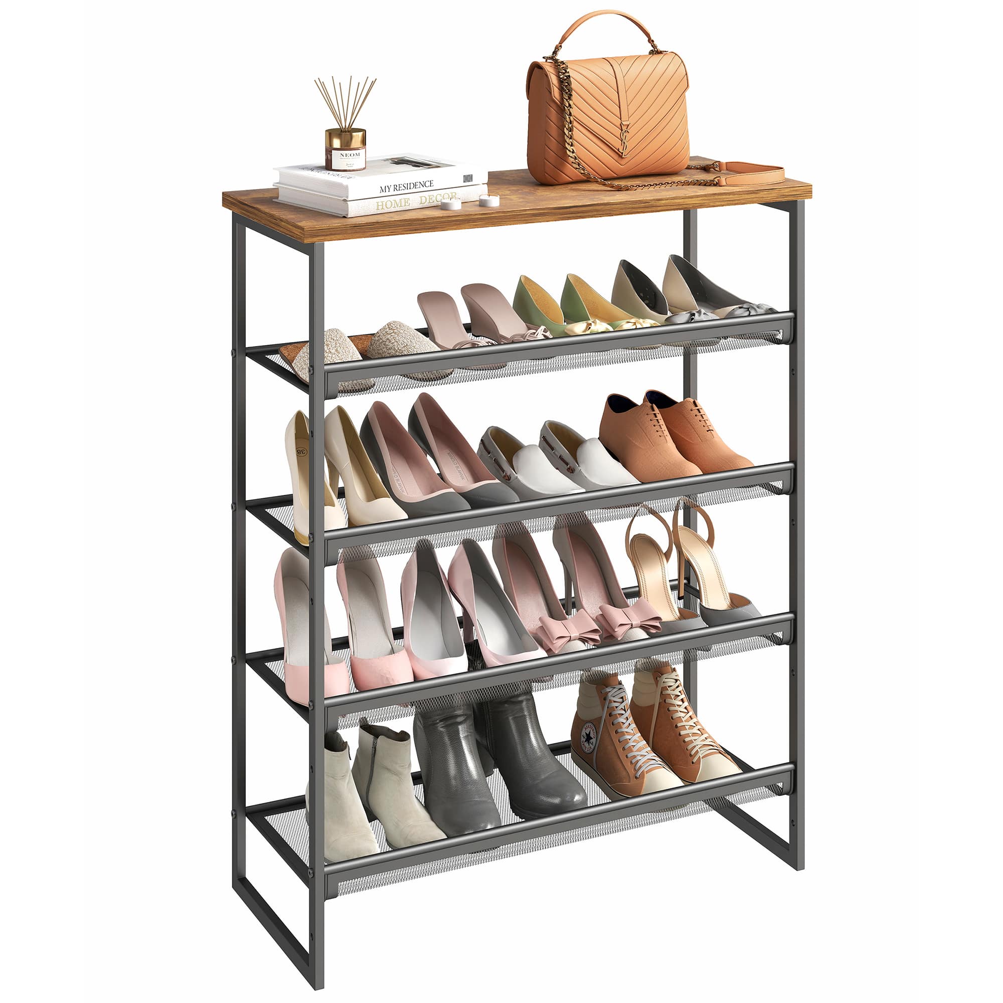 Sugift - 5-Tier Shoe Rack Free Standing Shoe Rack Organizer with Metal Mesh Shelves - Black