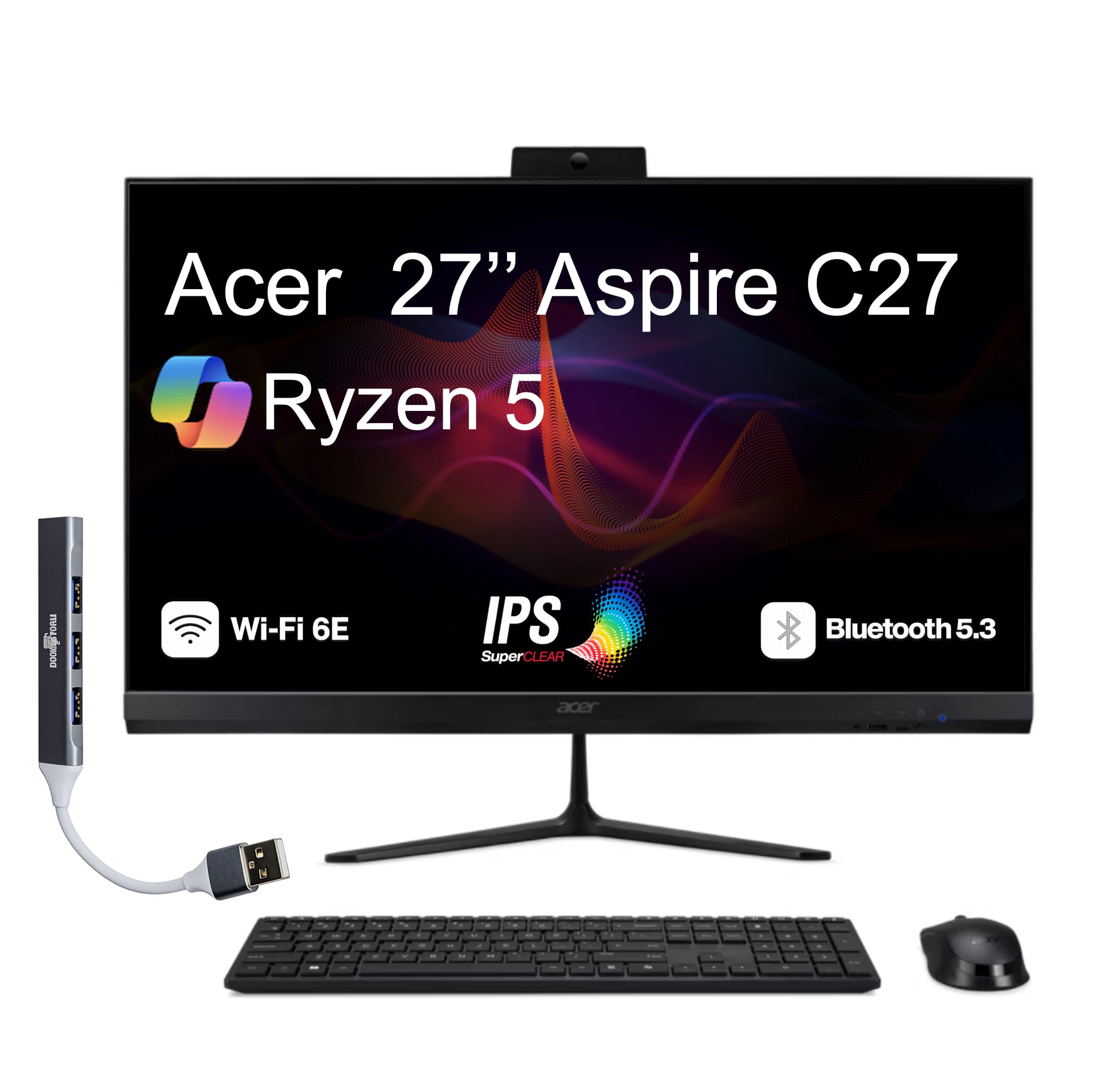 Acer - Aspire C27 All-in-One 27 FHD Display (Ryzen 5 7430U, 16GB, 512GB SSD, AMD Radeon, WiFi 6E, Win 11 Pro) w/USB Hub - Black