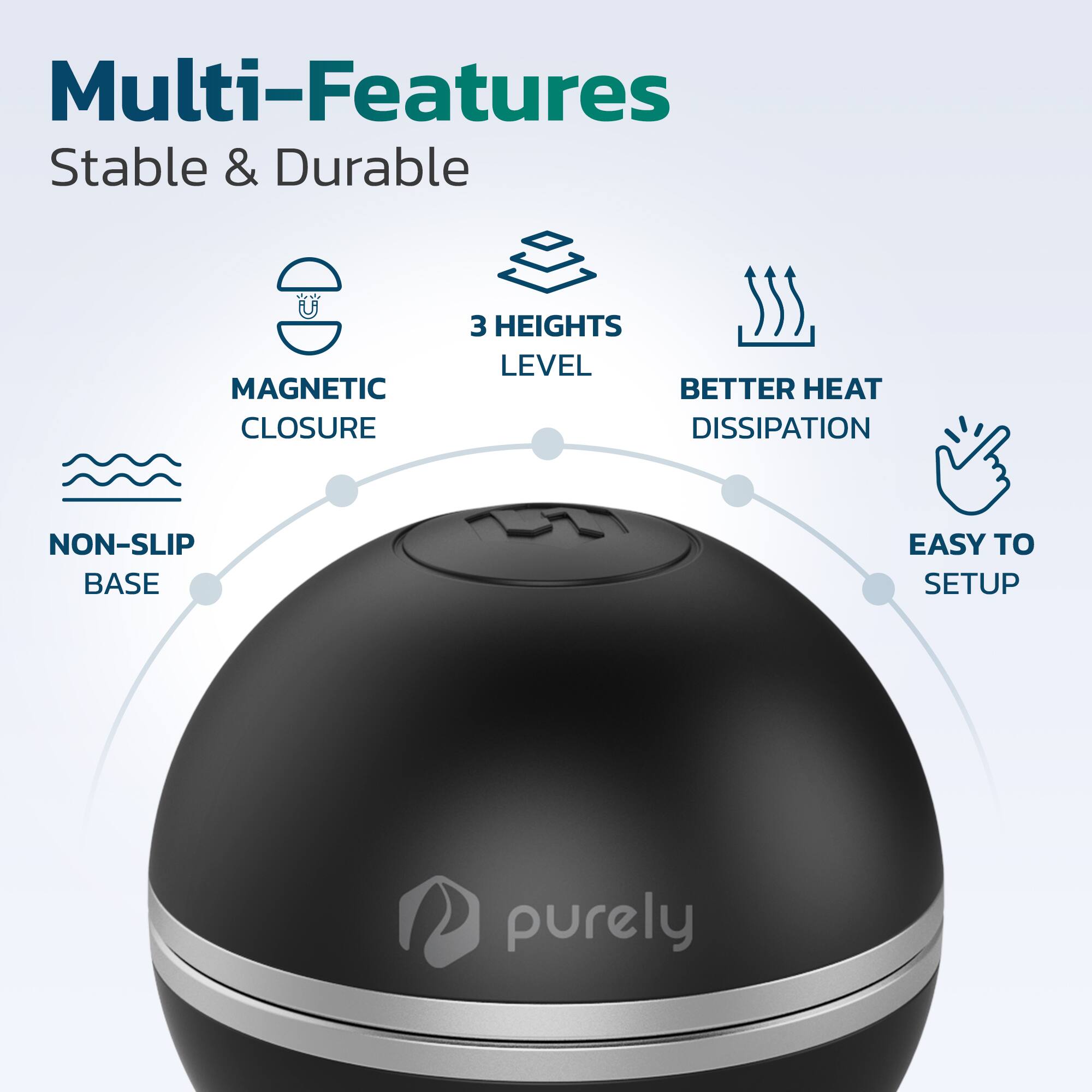 Multi-Features  
Stable & Durable  

- Magnetic Closure  
- 3 Heights Level  
- Better Heat Dissipation  
- Non-Slip Base  
- Easy to Setup