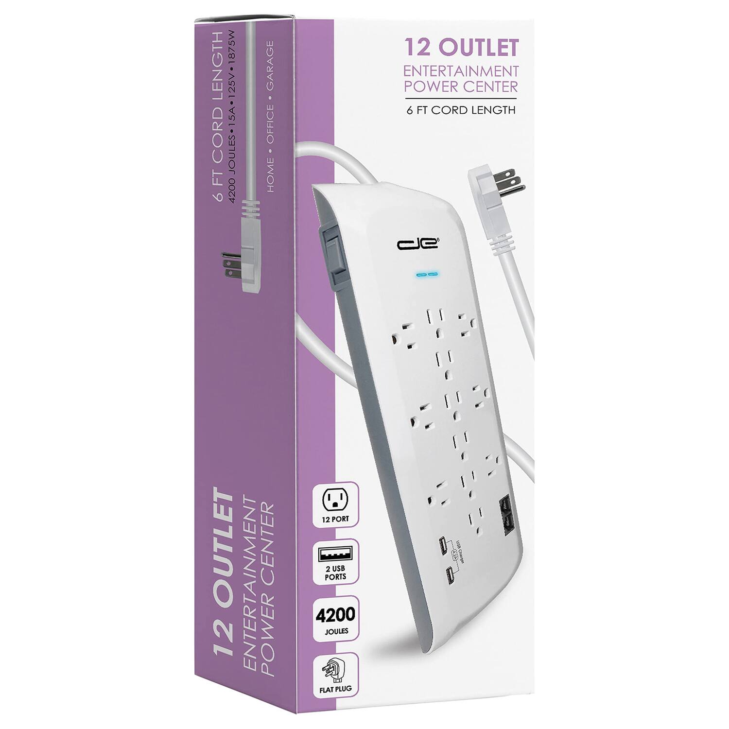 12 Outlet Entertainment Power Center  
6 FT Cord Length  
4200 Joules  
12 Ports  
2 USB Ports  
Flat Plug  
Home • Office • Garage