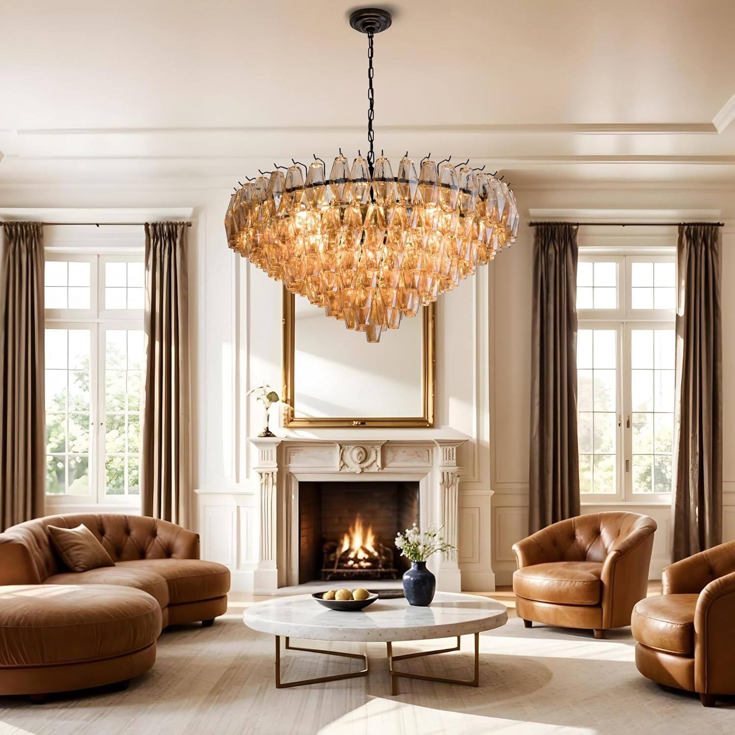 Left. Tiramisubest - Modern Round Chandelier, 37" Extra Large Black Chandeliers, 14-Light with Tiered Smoke Glass Tubes Ceiling Light - Black.