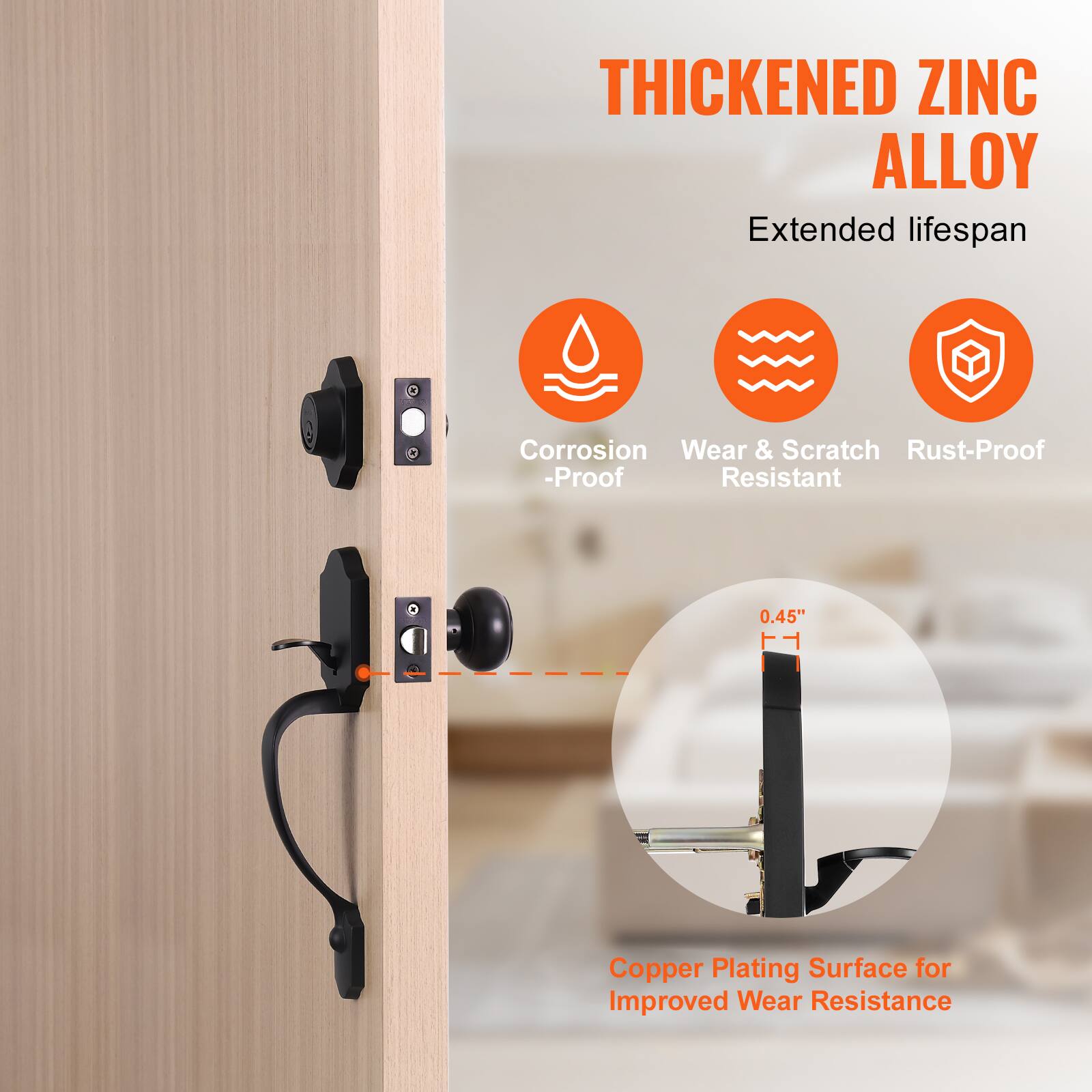 THICKENED ZINC ALLOY
Extended lifespan
Corrosion Proof
Wear & Scratch Resistant
Rust-Proof
0.45"
Copper Plating Surface for Improved Wear Resistance