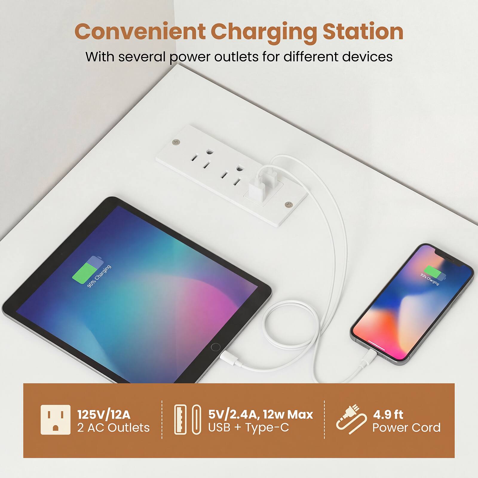 Convenient Charging Station  
With several power outlets for different devices  

Charging 90%  

125V/12A  
2 AC Outlets  
5V/2.4A, 12w Max USB + Type-C  
4.9 ft Power Cord
