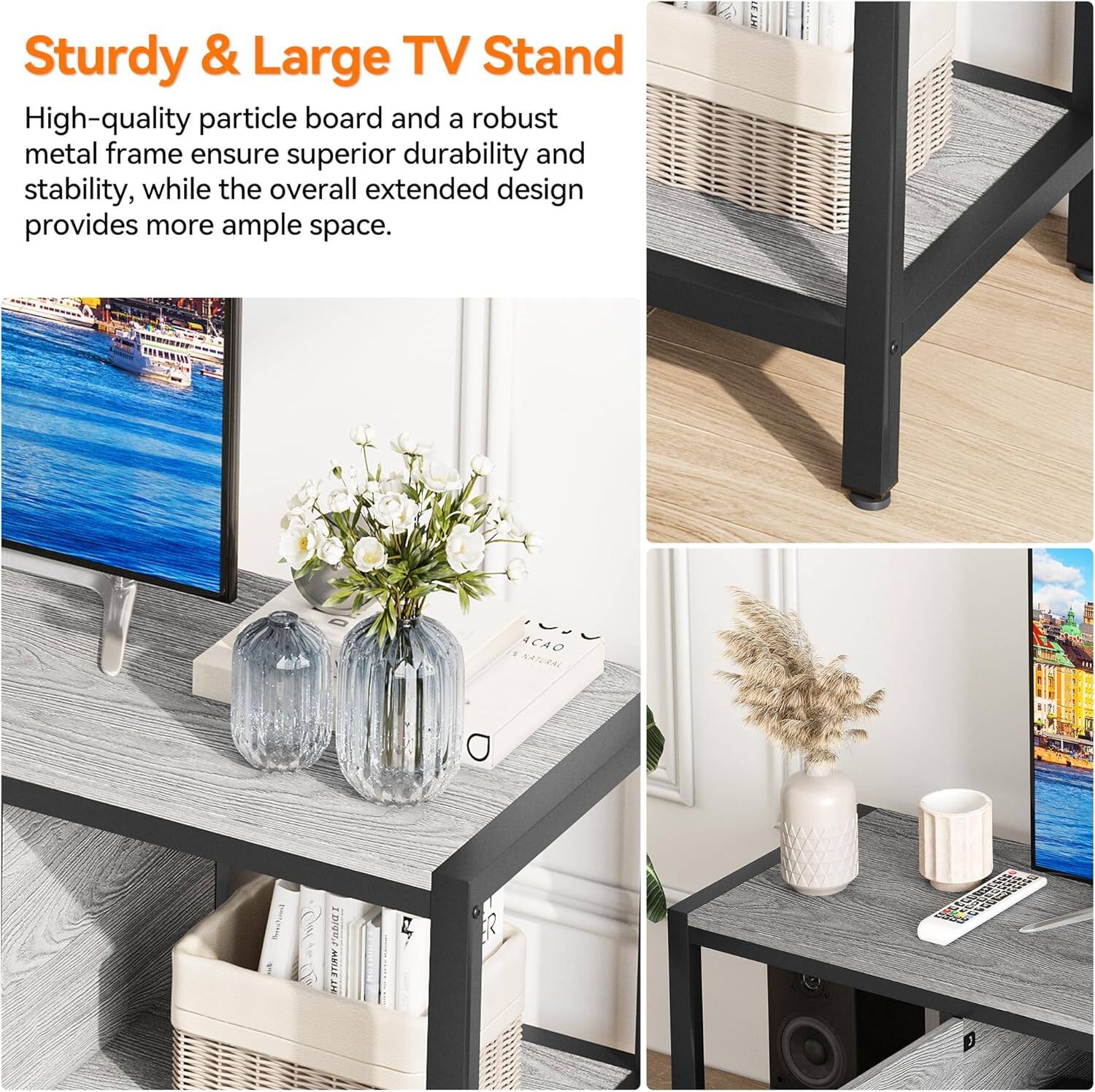 Sturdy & Large TV Stand

High-quality particle board and a robust metal frame ensure superior durability and stability, while the overall extended design provides more ample space.