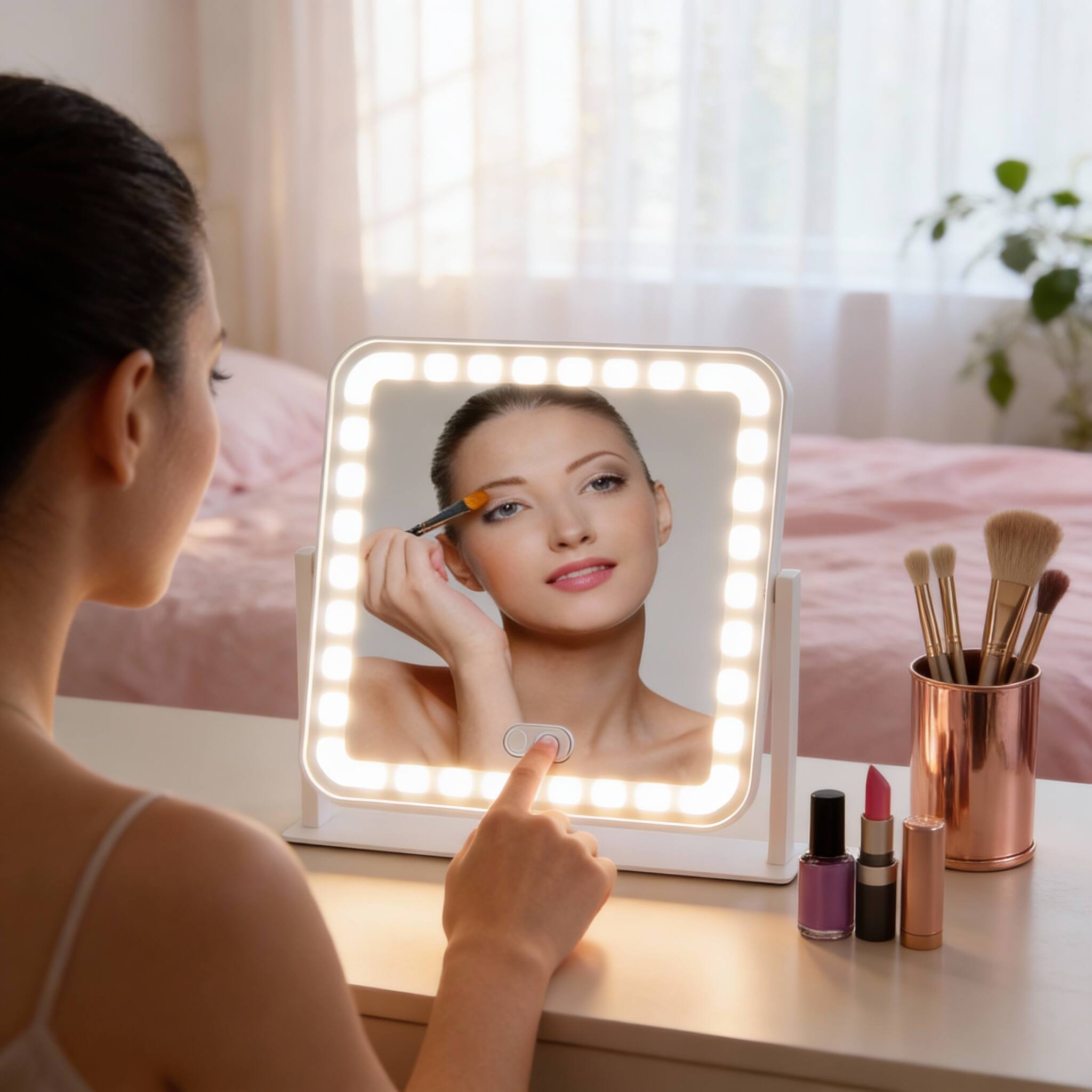 Alt View 2. PO3TICJUNKI3 - LED Vanity Mirror 3-Light Modes 5X Magnification Touch Control 360° Rotating - 14.1"L x 12"W.