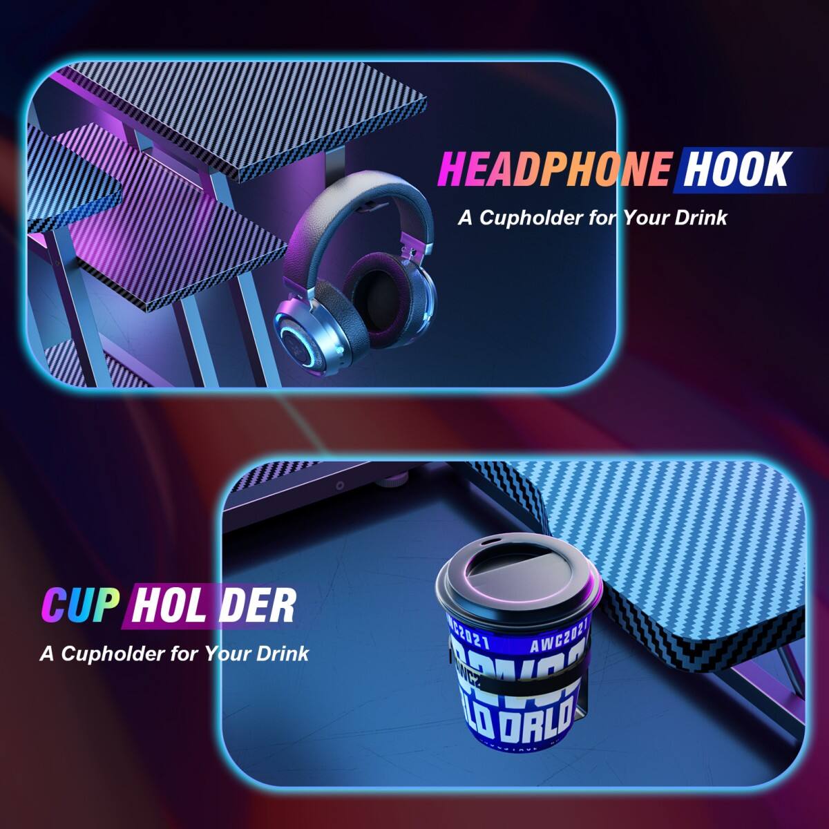 HEADPHONE HOOK  
A Cupholder for Your Drink

CUP HOLDER  
A Cupholder for Your Drink

C2021 AWC2021  
AMMUNIC IN ORLD