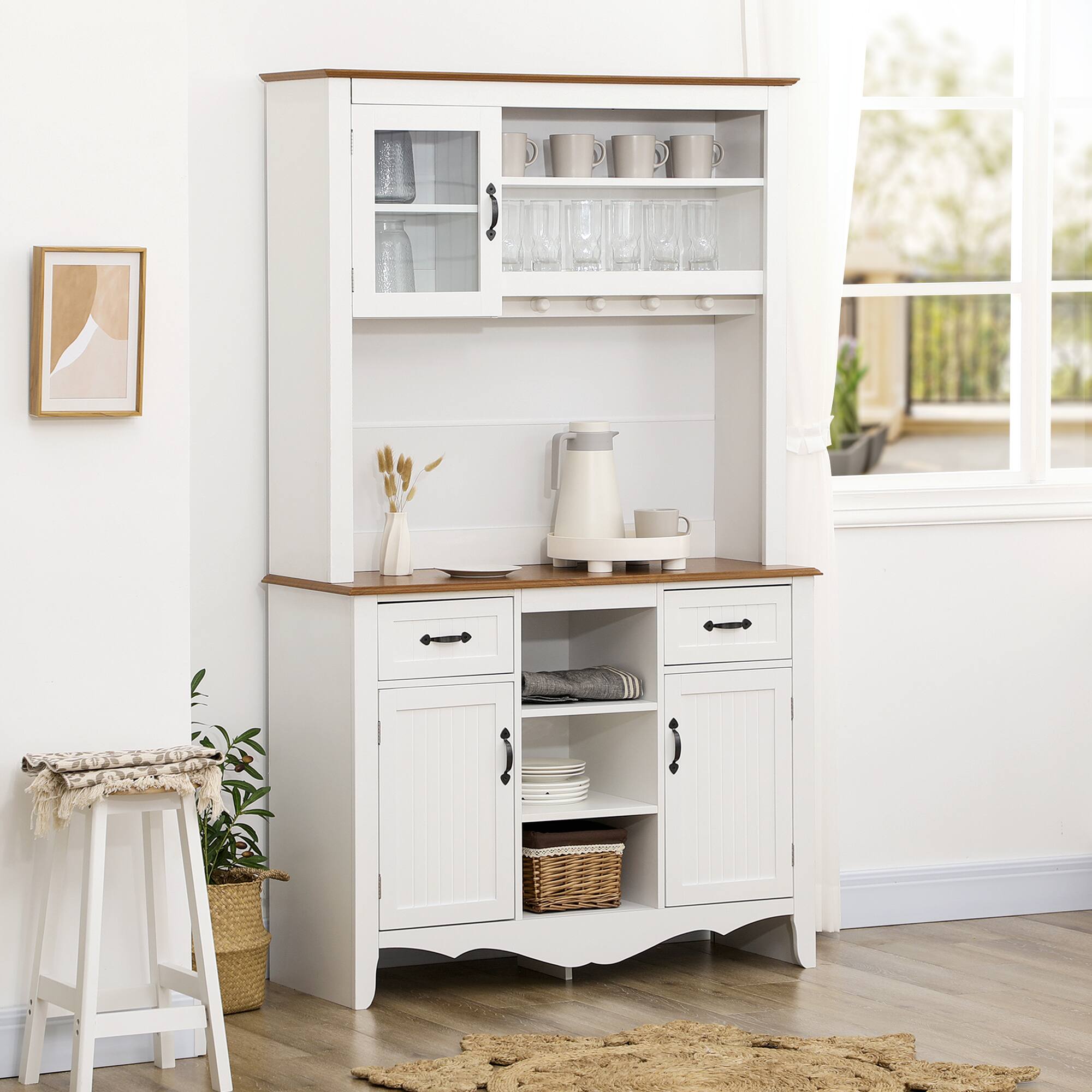 Angle. Homcom - 71" Kitchen Buffet with Hutch, Farmhouse Style Storage Pantry with 2 Drawers, 3 Door Cabinets and 3 Shelves - White.
