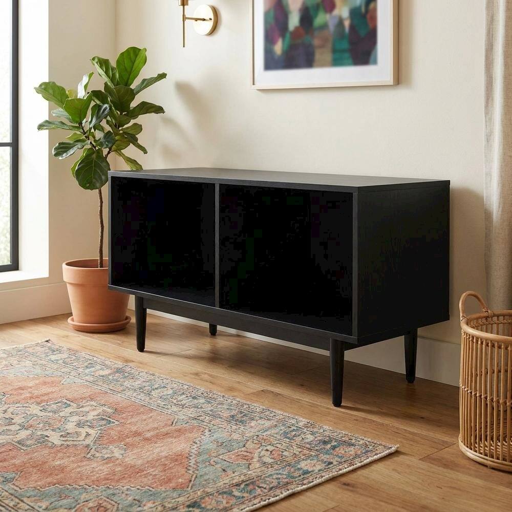Alt View 5. FurniFact - Black Record Player Stand with Vinyl Storage Shelves - Black.