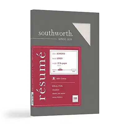 southworth
SINCE 1839
resume
color ALMOND
finish LINEN
weight 22 lb. paper
100% Cotton
IDEAL FOR:
resumes
thank you notes
cover letters
100