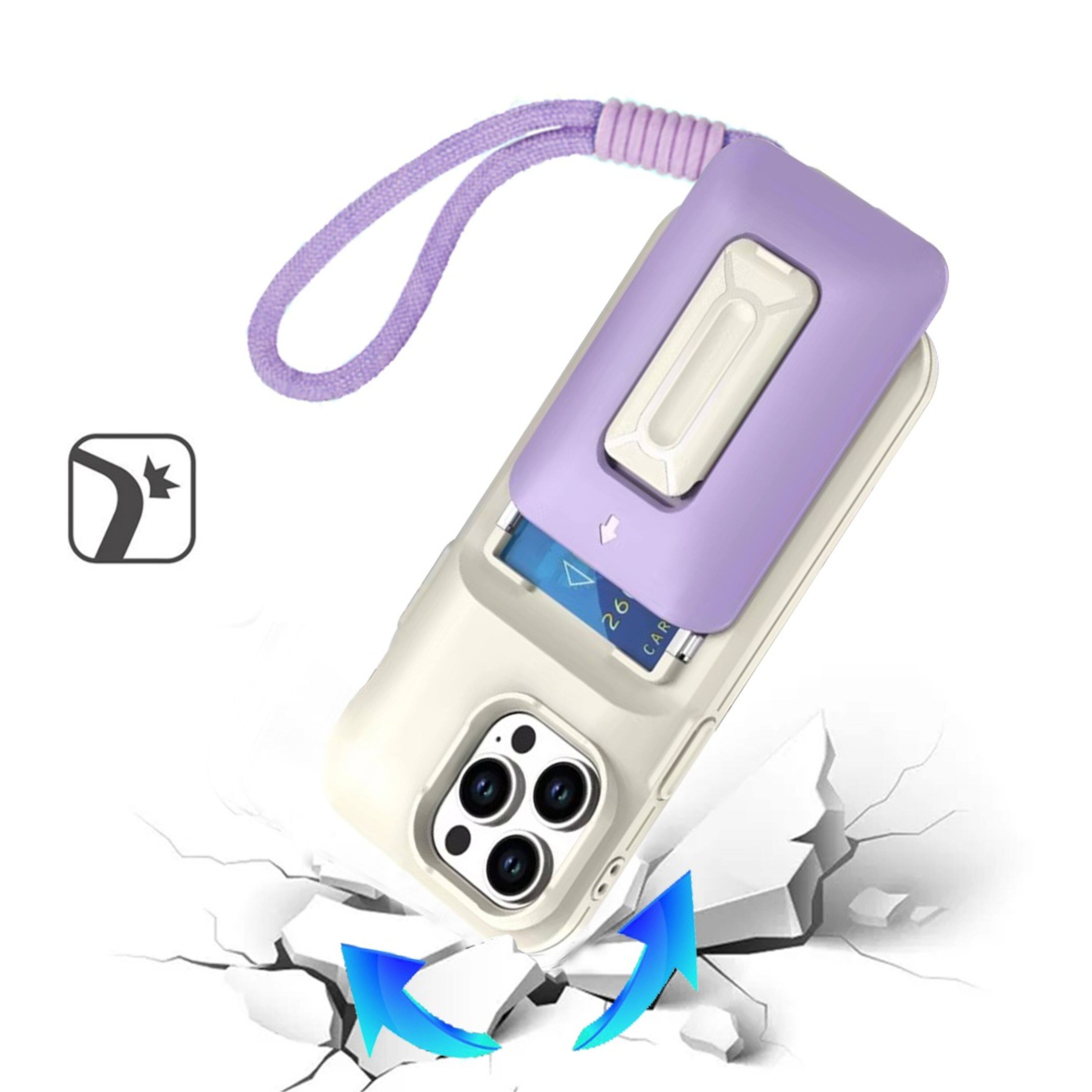 Angle. Kitcheniva - Matte Finish Phone Case With Card Holder Kickstand Strap And 2 Pcs Tempered Glass For iPhone 15 Pro Max Beige Light Purp - Beige Light Purple.