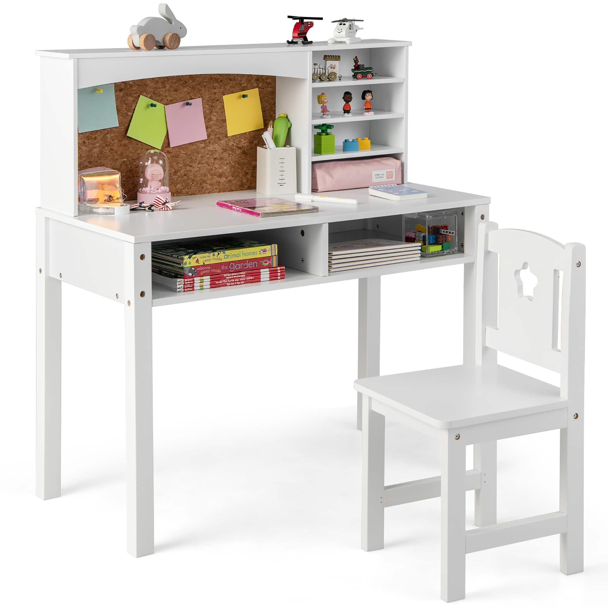 Costway - Kids Desk and Chair Set Study Writing Workstation with Hutch & Bulletin Board - White