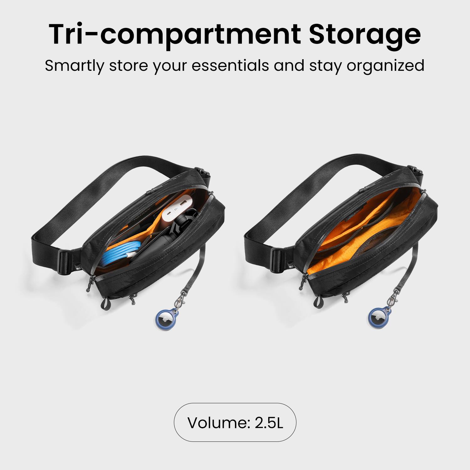 Tri-compartment Storage  
Smartly store your essentials and stay organized  
Volume: 2.5L