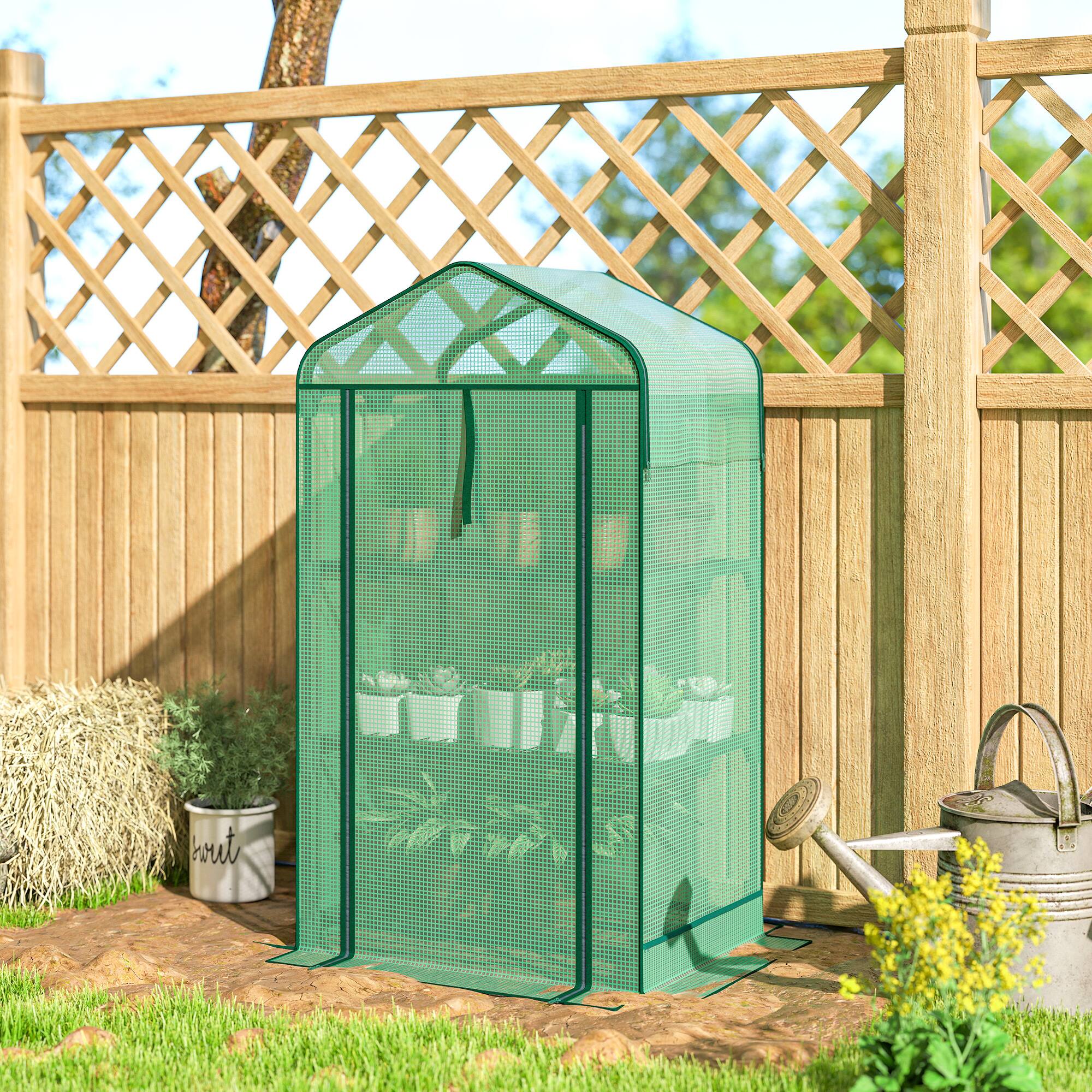Alt View 8. Outsunny - Greenhouse with Screen Roof, Portable Small Greenhouse with Roll-Up Zipper Door.