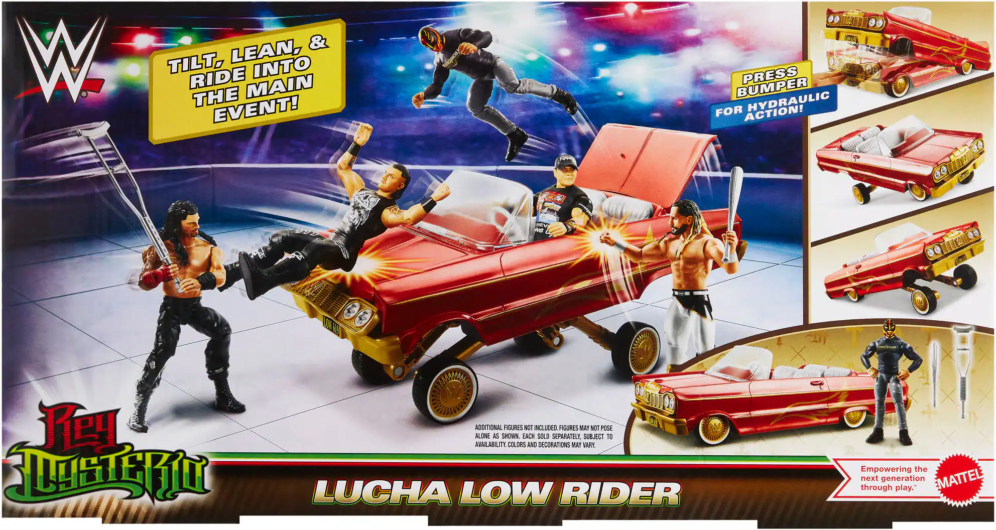 WWE Lucha Low Rider: Tilt, Lean, and Ride into the Main Event! 00 PRESS BUMPER FOR HYDRAULIC ACTION! Tey AVAILABILITY ADDITIONAL FIGURES COLORS EACH NOT AND INCLUDED. SOLD SEPARATELY, FIGURES MAY VARY. DECORATIONS INCLUDED. SUBJECT TO CHANGE. Empowering the next generation through play.