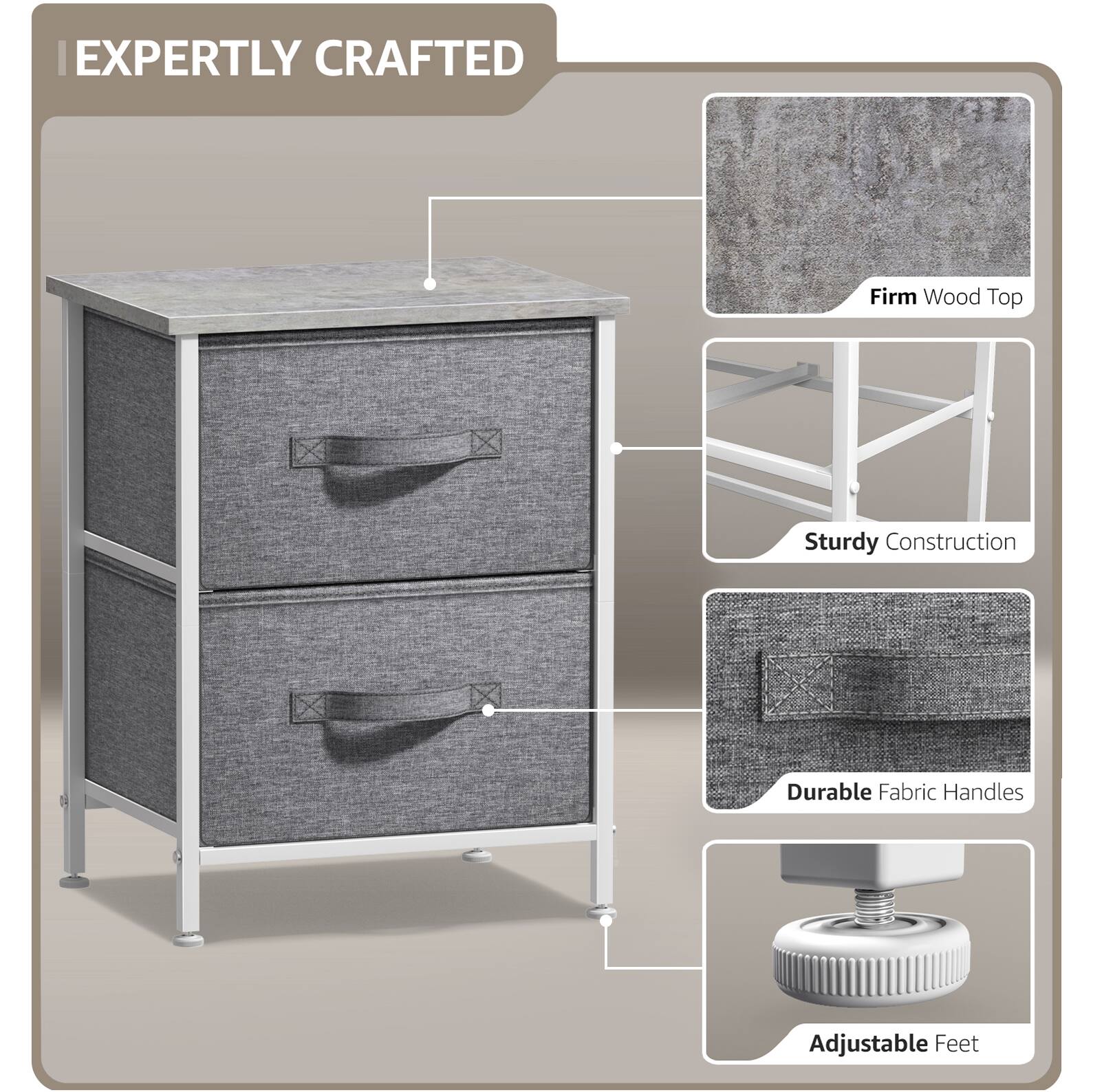 EXPERTLY CRAFTED

- Firm Wood Top
- Sturdy Construction
- Durable Fabric Handles
- Adjustable Feet