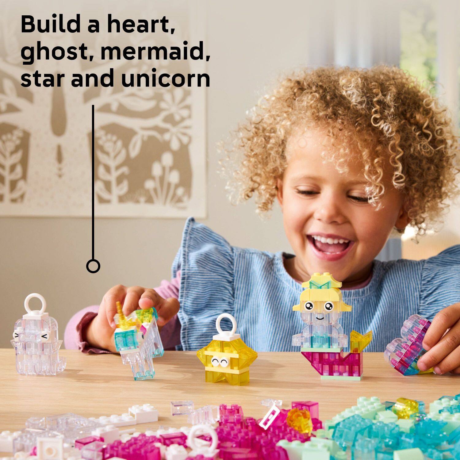 Build a heart, ghost, mermaid, star, and unicorn.