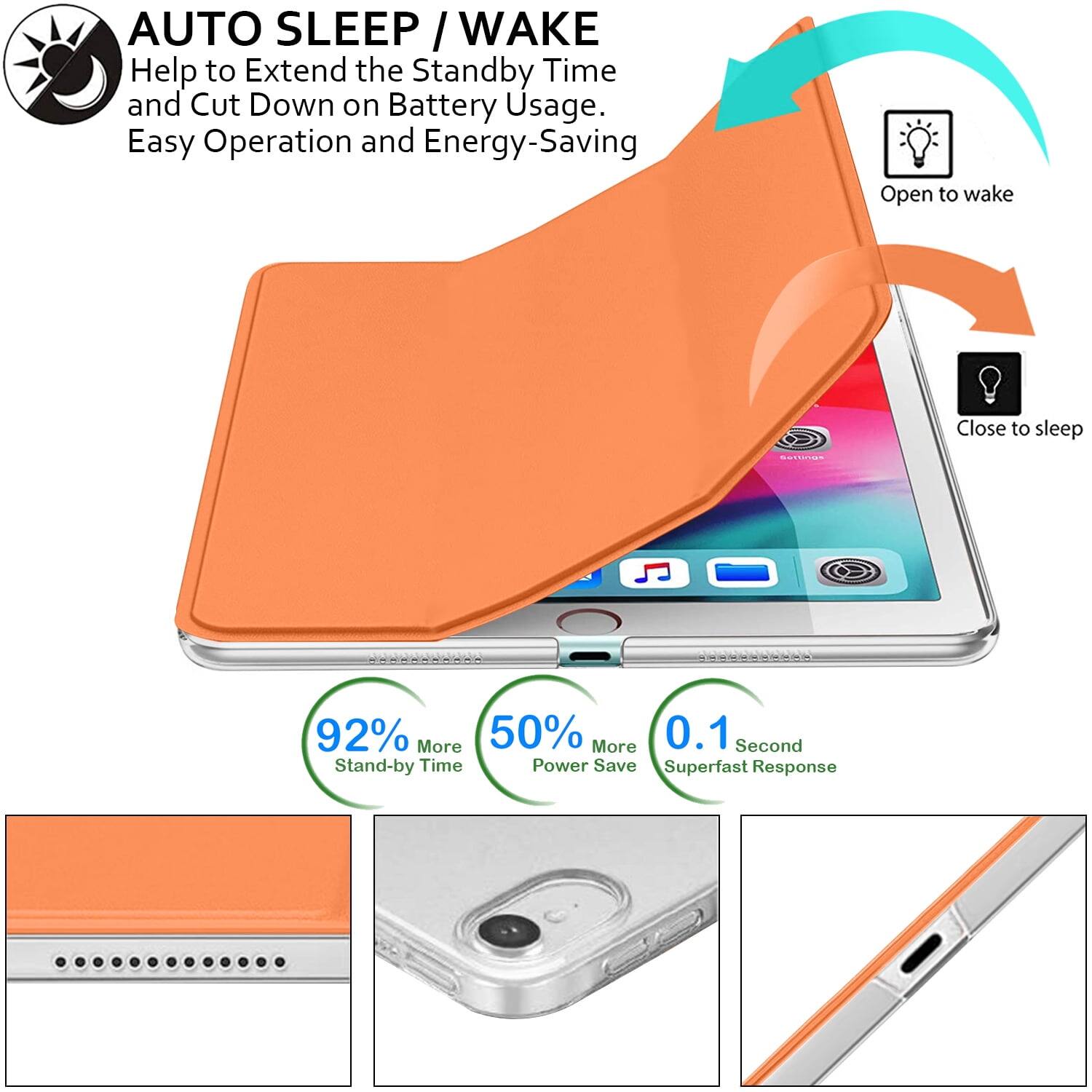AUTO SLEEP / WAKE  
Help to Extend the Standby Time and Cut Down on Battery Usage.  
Easy Operation and Energy-Saving  

Open to wake  
Close to sleep  

92% More Stand-by Time  
50% More Power Save  
0.1 Second Superfast Response
