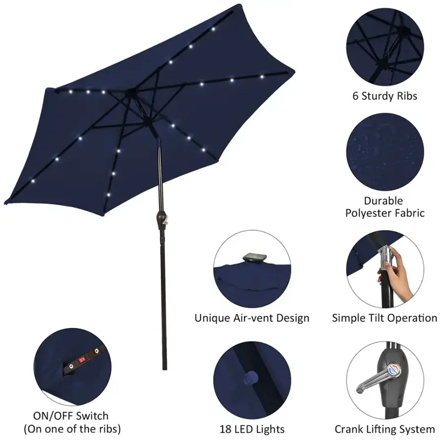 The image features a blue umbrella with six sturdy ribs made of durable polyester fabric. The umbrella has a unique air-vent design and a simple tilt operation, making it easy to use. It also comes with an ON/OFF switch attached to one of the ribs, allowing for convenient control. Additionally, the umbrella is equipped with 18 LED lights, providing visibility in low-light conditions. Finally, the umbrella is designed with a crank lifting system, making it easy to open and close.